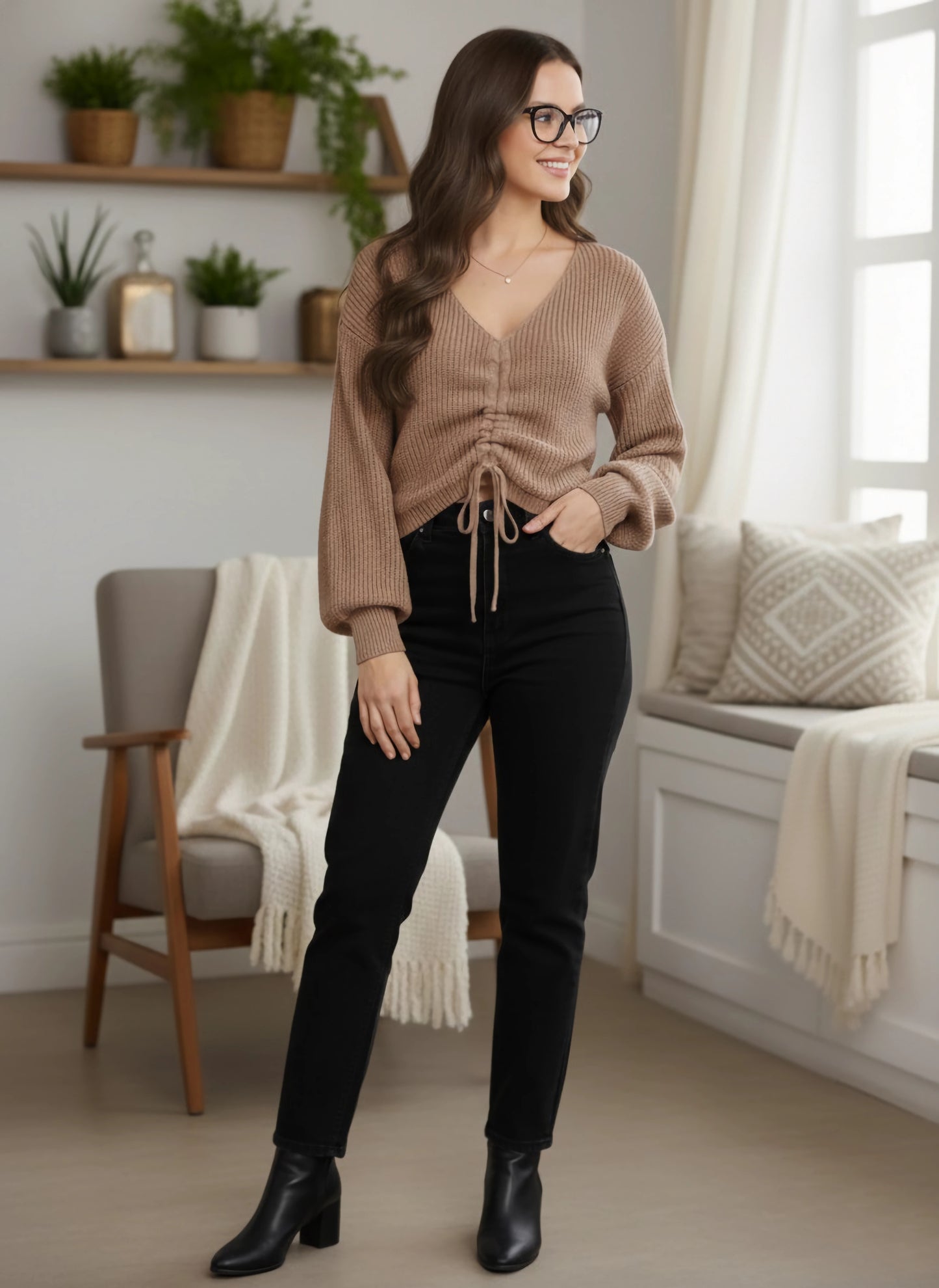 Berrylush Women Solid Peach V-Neck Front Tie-Up Acrylic Straight Hem Cropped Sweater