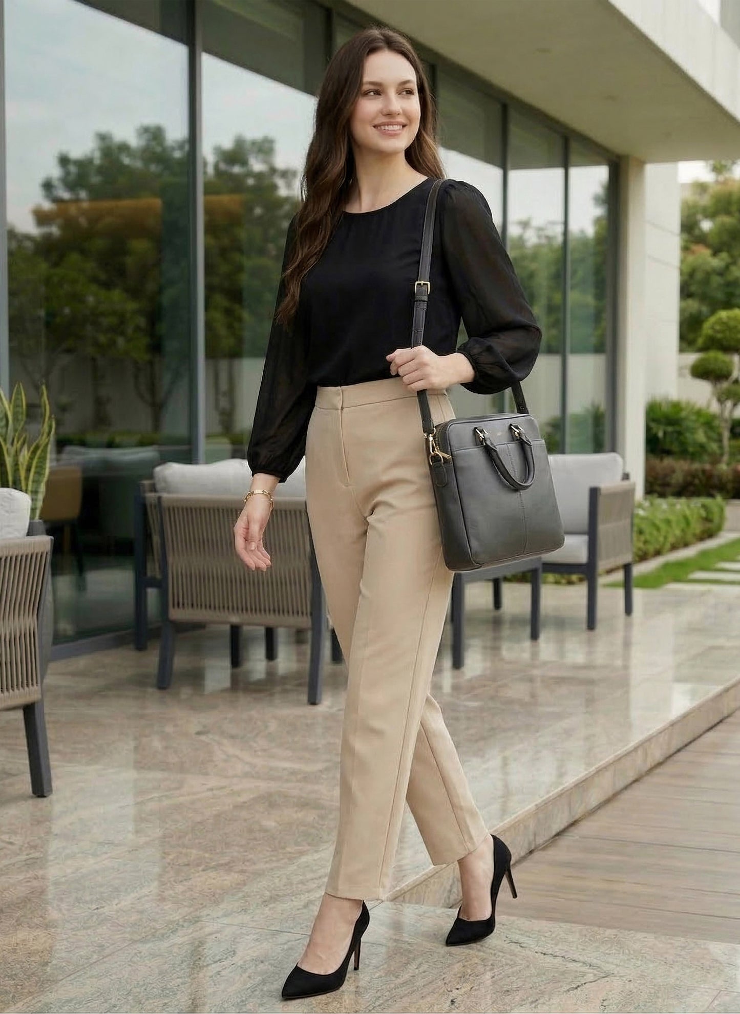 BIZwear Solid Black Round Neck Bishop Sleeve Polyester Keyhole Back Regular Top