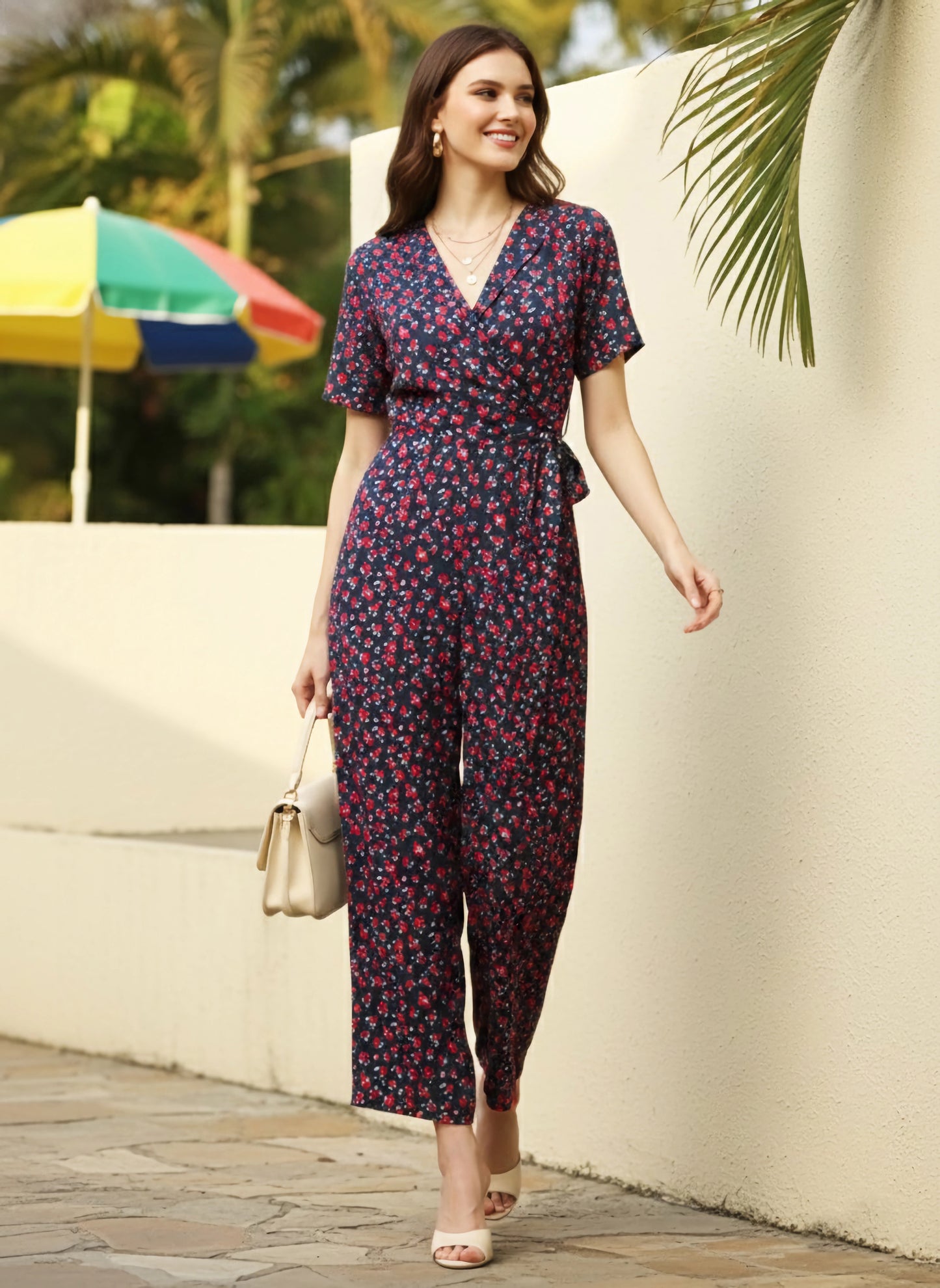 Berrylush Women Navy Blue & Red Floral Printed Shawl Neck Waist Tie-Up Culotte Jumpsuit