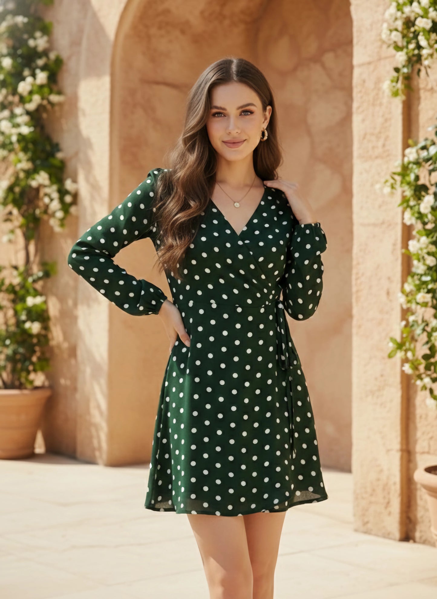 Berrylush Women Green Polka Dot Printed V-Neck Waist Tie-Up Fit & Flare Wrap Mini Dress
