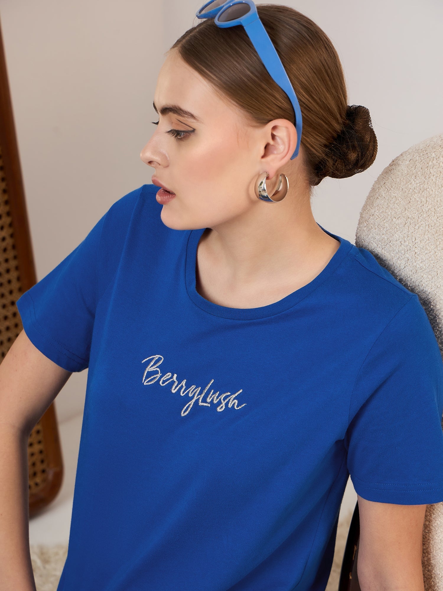 Berrylush Women Solid Blue Round Neckline Regular Sleeves T-shirt