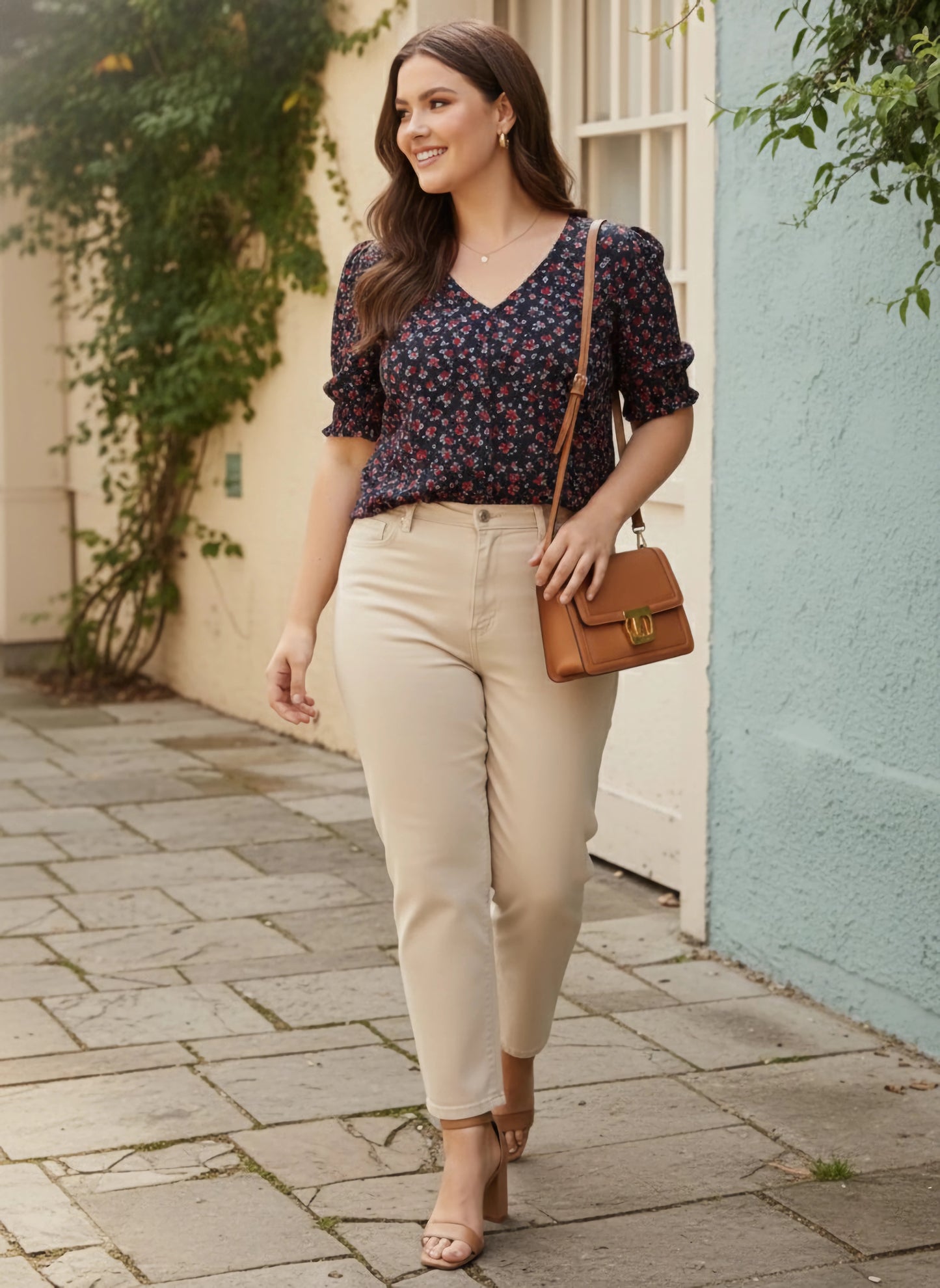 Plus Size Navy Blue & Red Floral Printed V-Neck Puff Sleeves Button-Up Crepe Smocked Regular Top