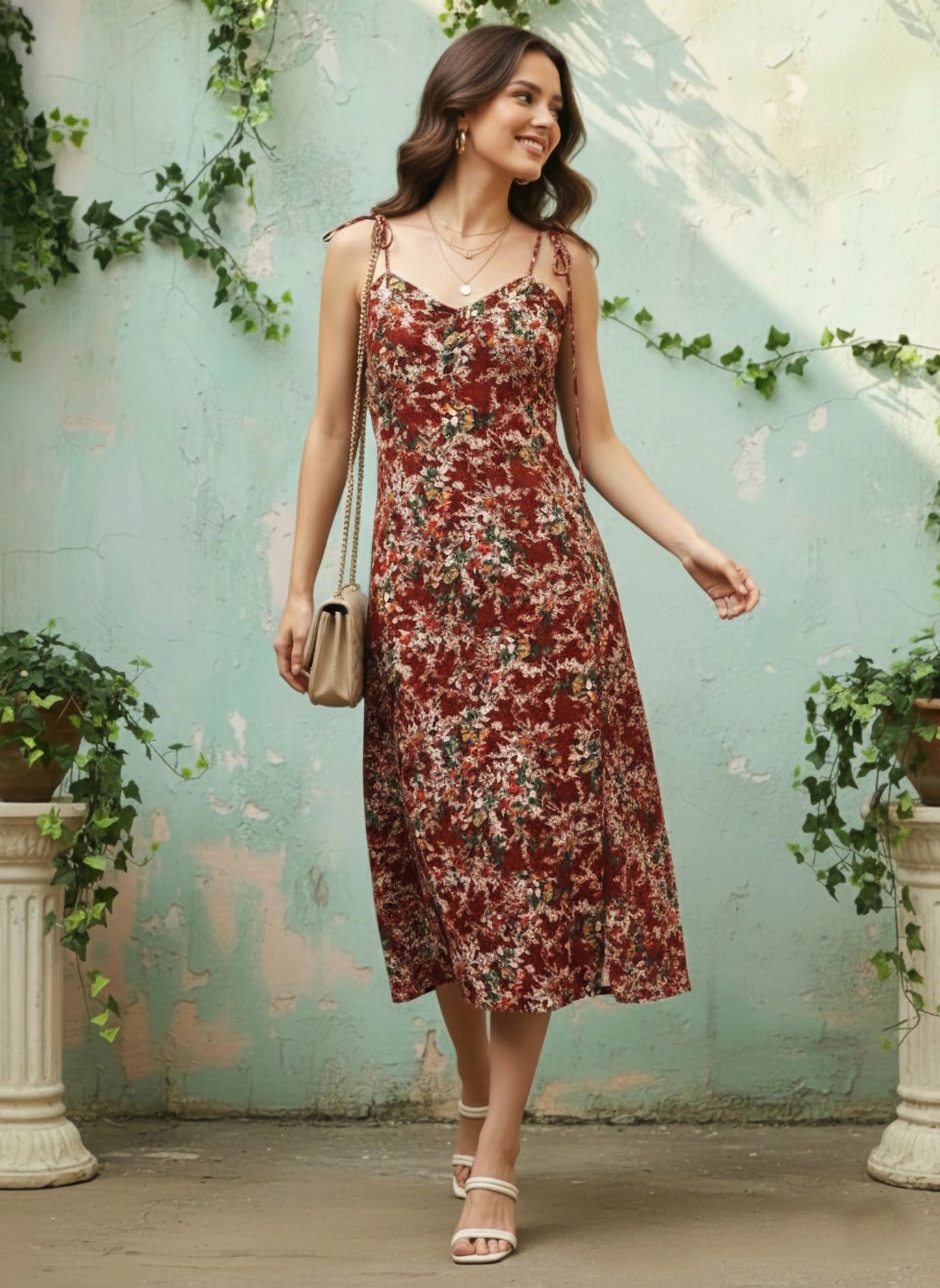 Berrylush Women Maroon Floral Printed Sweetheart Neck Tie-Up Strap Fit & Flare Midi Dress