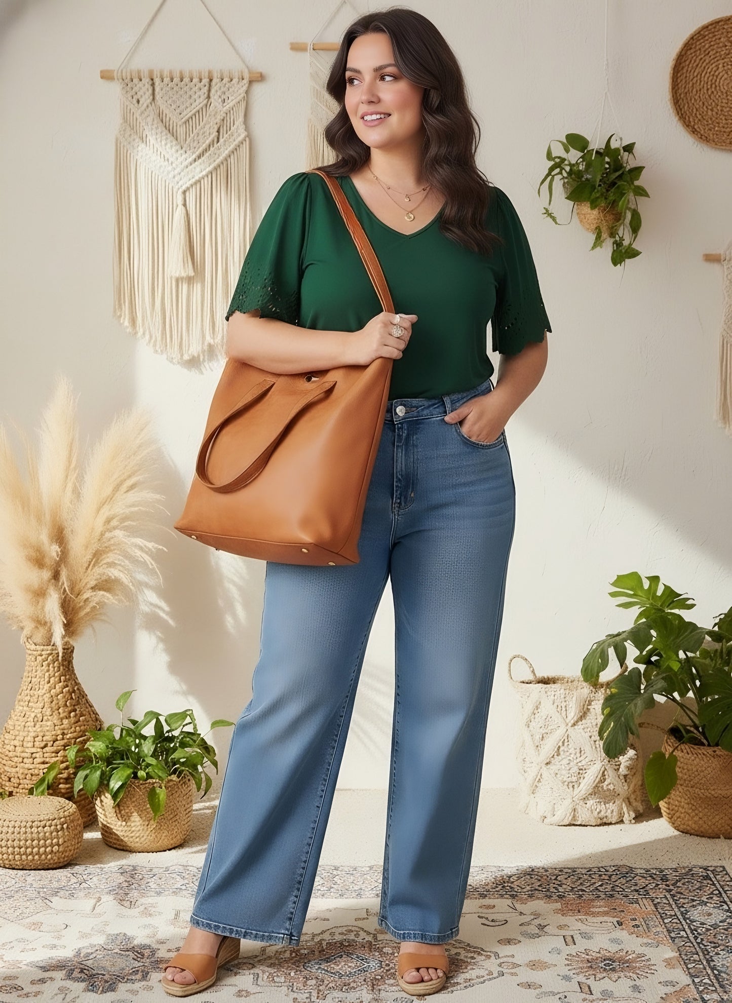 Berrylush Women Plus Size Solid Green V-Neck Cutout Sleeve Crepe Regular Top