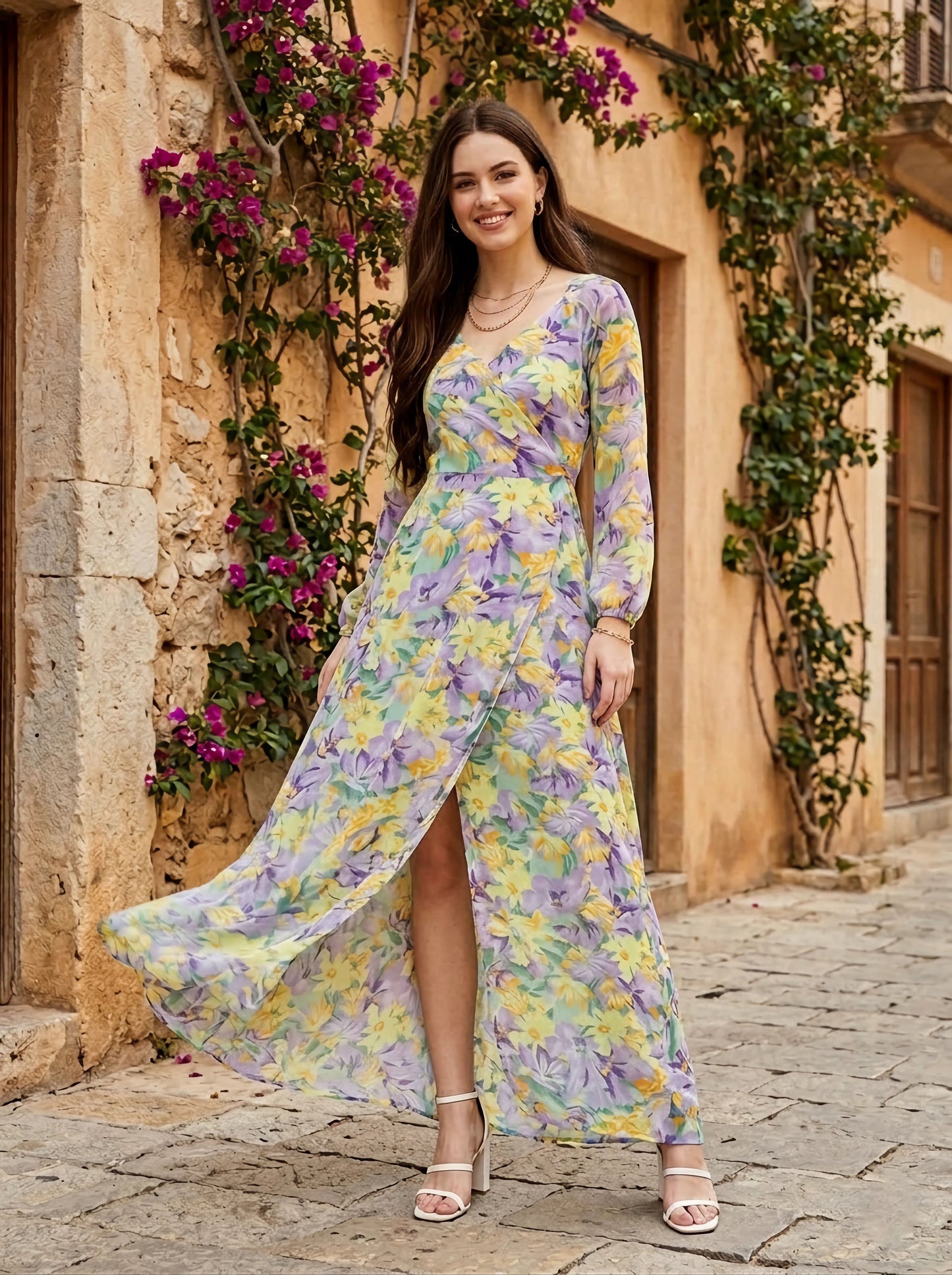 Berrylush Women Purple & Yellow Floral Printed V-Neck Thigh-High Slit Flared Wrap Maxi Dress
