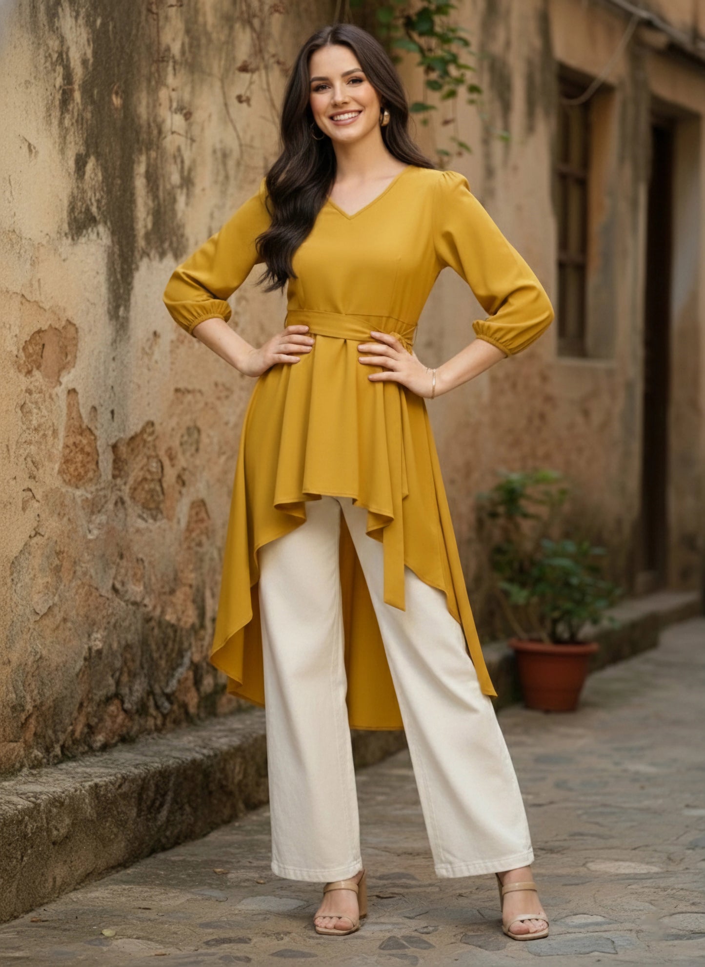 Solid Yellow V-Neck Bishop Sleeves Tie-Up Waist High-Low Hem Pleated Longline Top