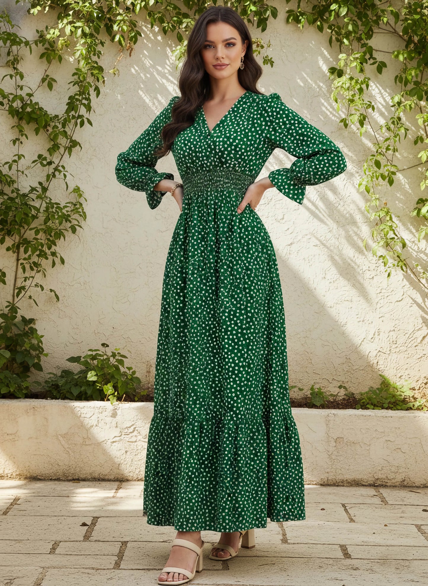 Berrylush Women Green & White Floral Printed V-Neck Bishop Sleeves Flounce Hem Ruffled A-Line Maxi Dress