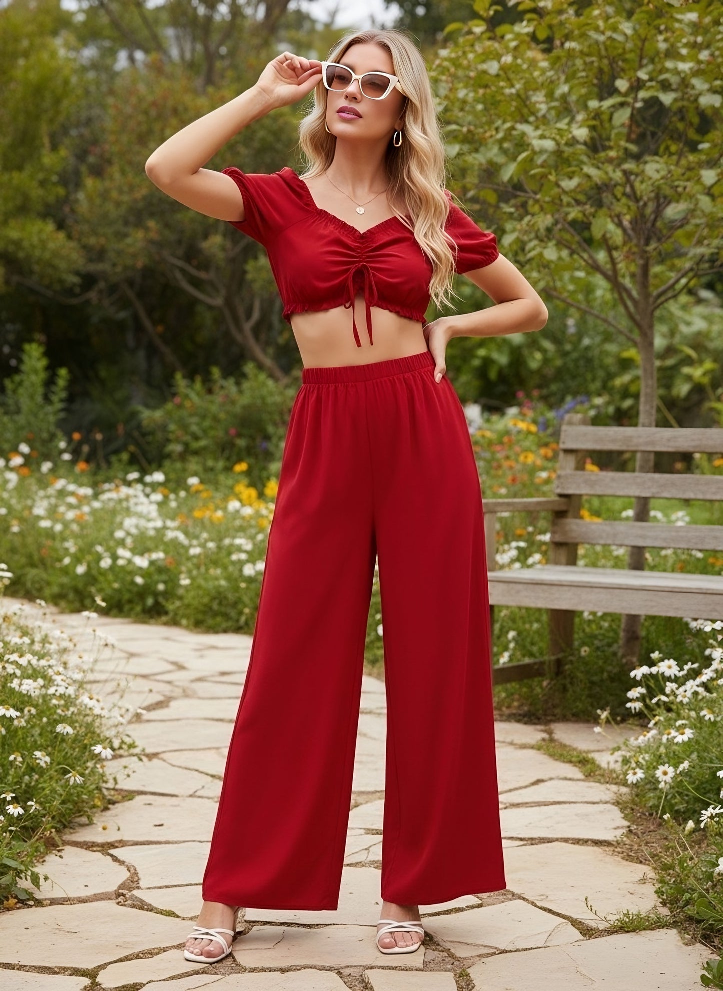 Berrylush Women Solid Red V-Neck Front Tie-Up Frilled Crop Top & Wide-Leg Pants Co-Ord Set