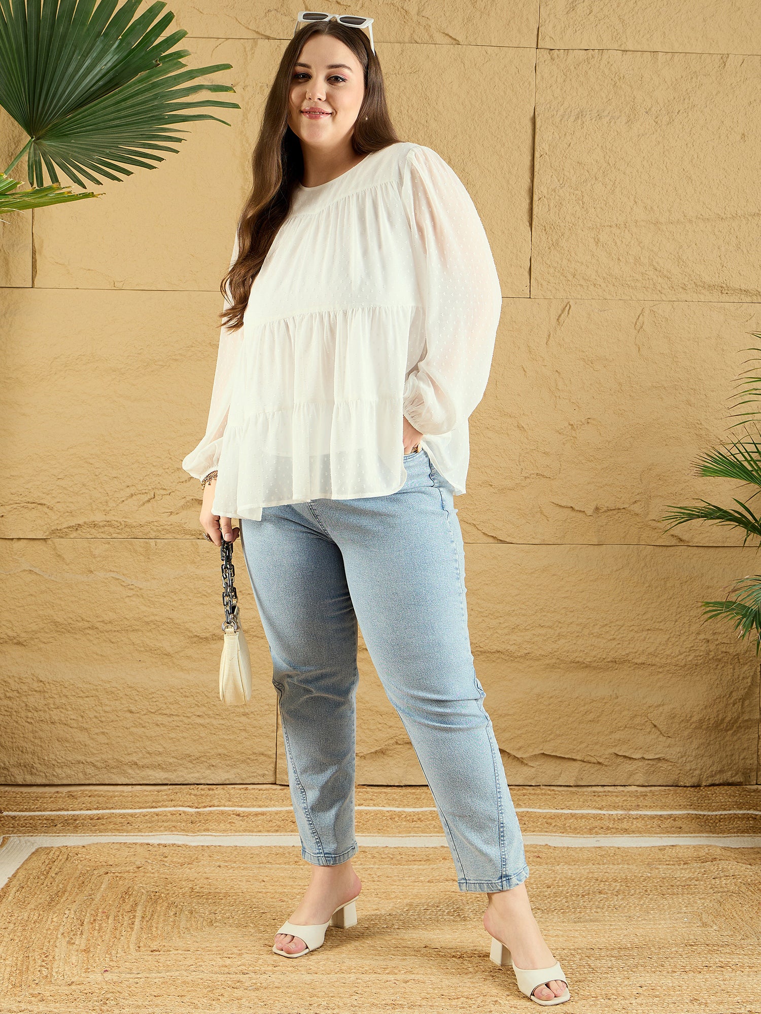 Women Solid White Dobby Weave Round Neck Puff Sleeves Back Keyhole