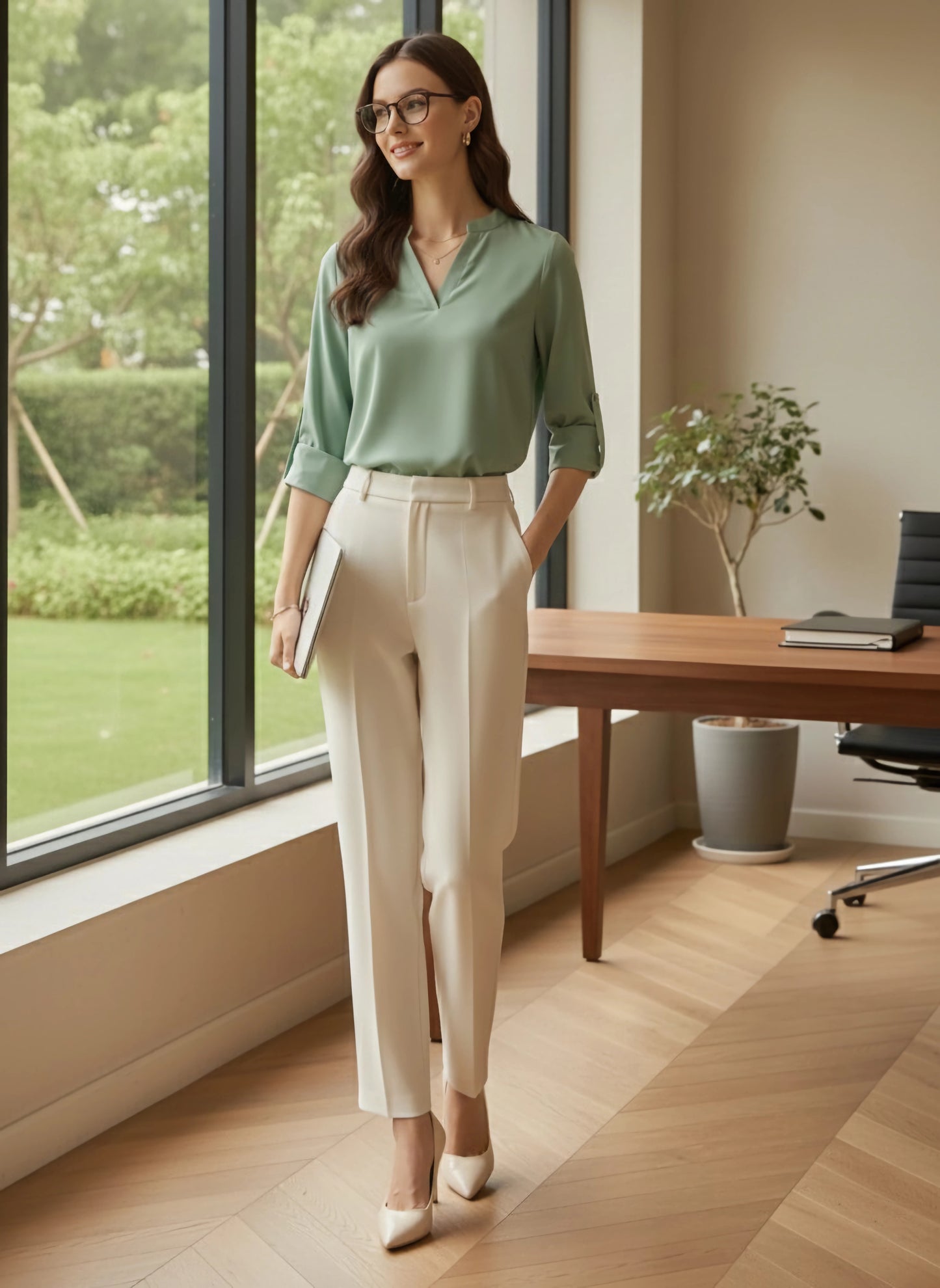 Berrylush BIZwear Women Solid Green Mandarin Collar Neck Long Sleeves Curved Hem Regular Shirt