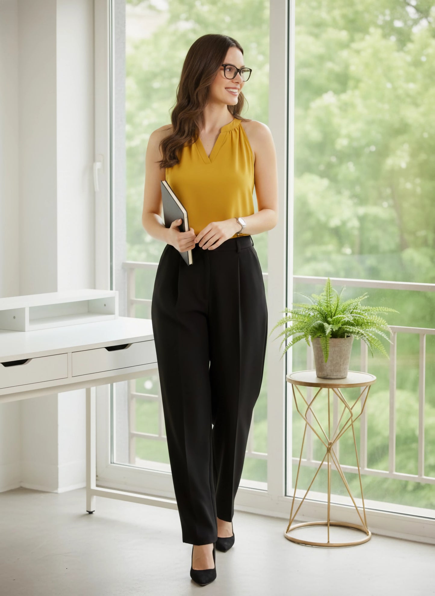 Berrylush BIZwear Women Solid Yellow Notched Neck Sleeveless Polyester Regular Top