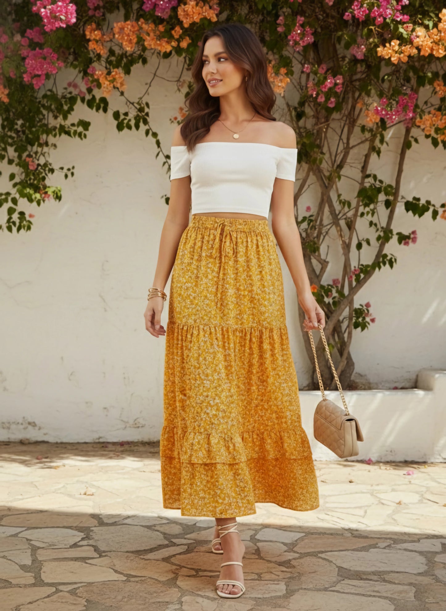 Berrylush Women Yellow & White Floral Printed High-Rise Elastic Waist Tie-Up Pleated A-Line Maxi Skirt