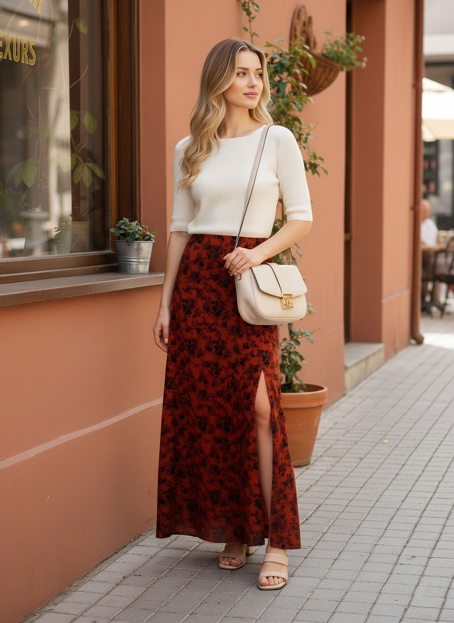 Berrylush Women Brown Floral Print High Rise A-Line Midi Skirt