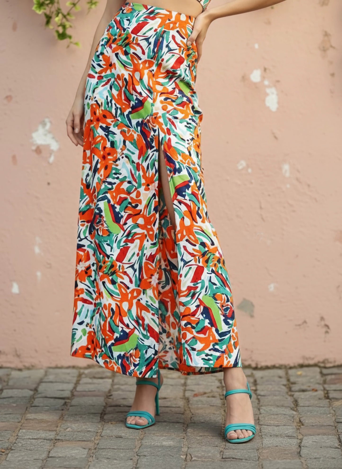 Berrylush Women White & Orange Brushstroke Printed One-Shoulder Neck Thigh-High Slit Maxi Co-Ordinate Set