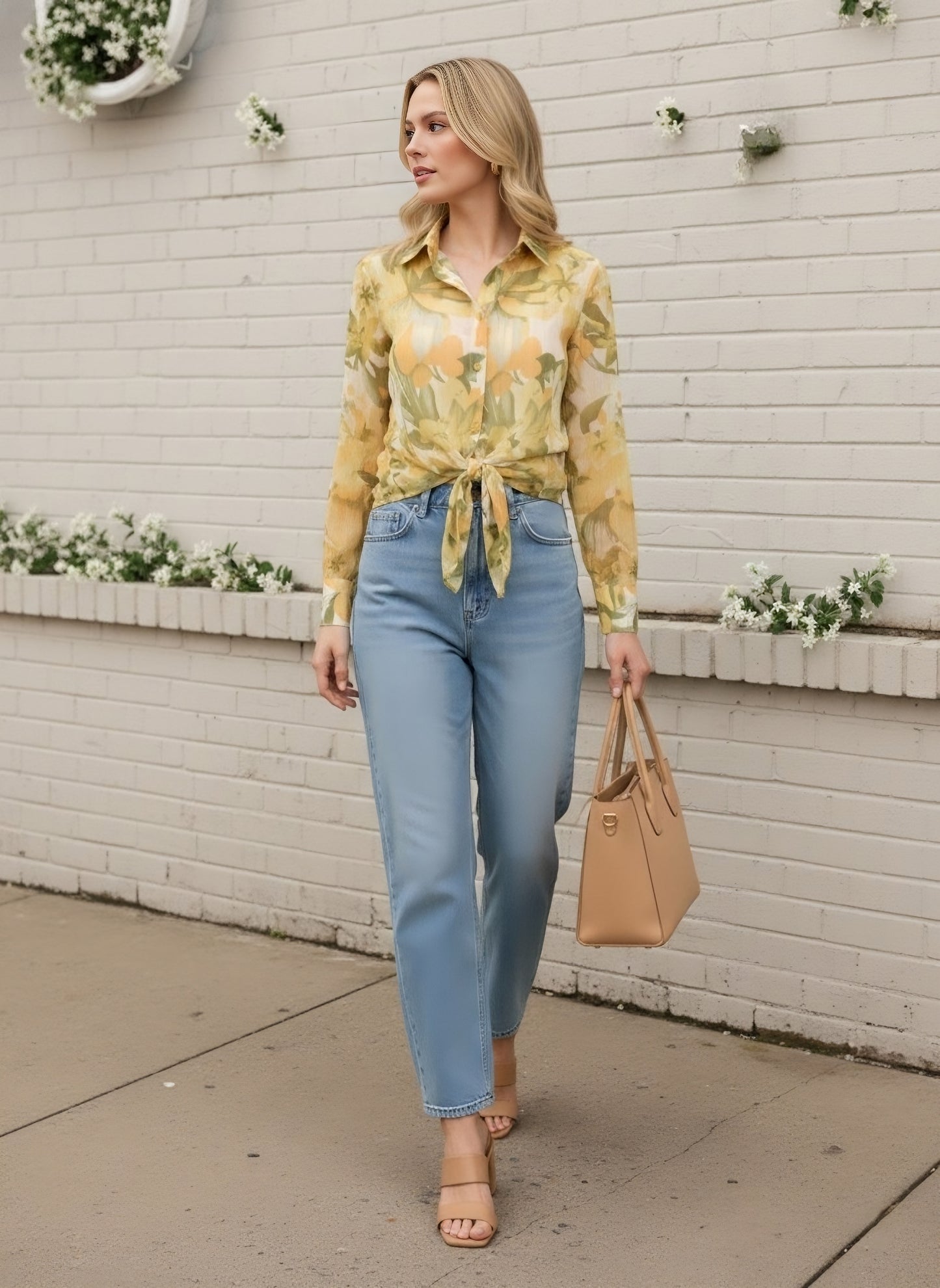 Berrylush Women Yellow Floral Print Spread Collar Long Sleeve Regular Shirts