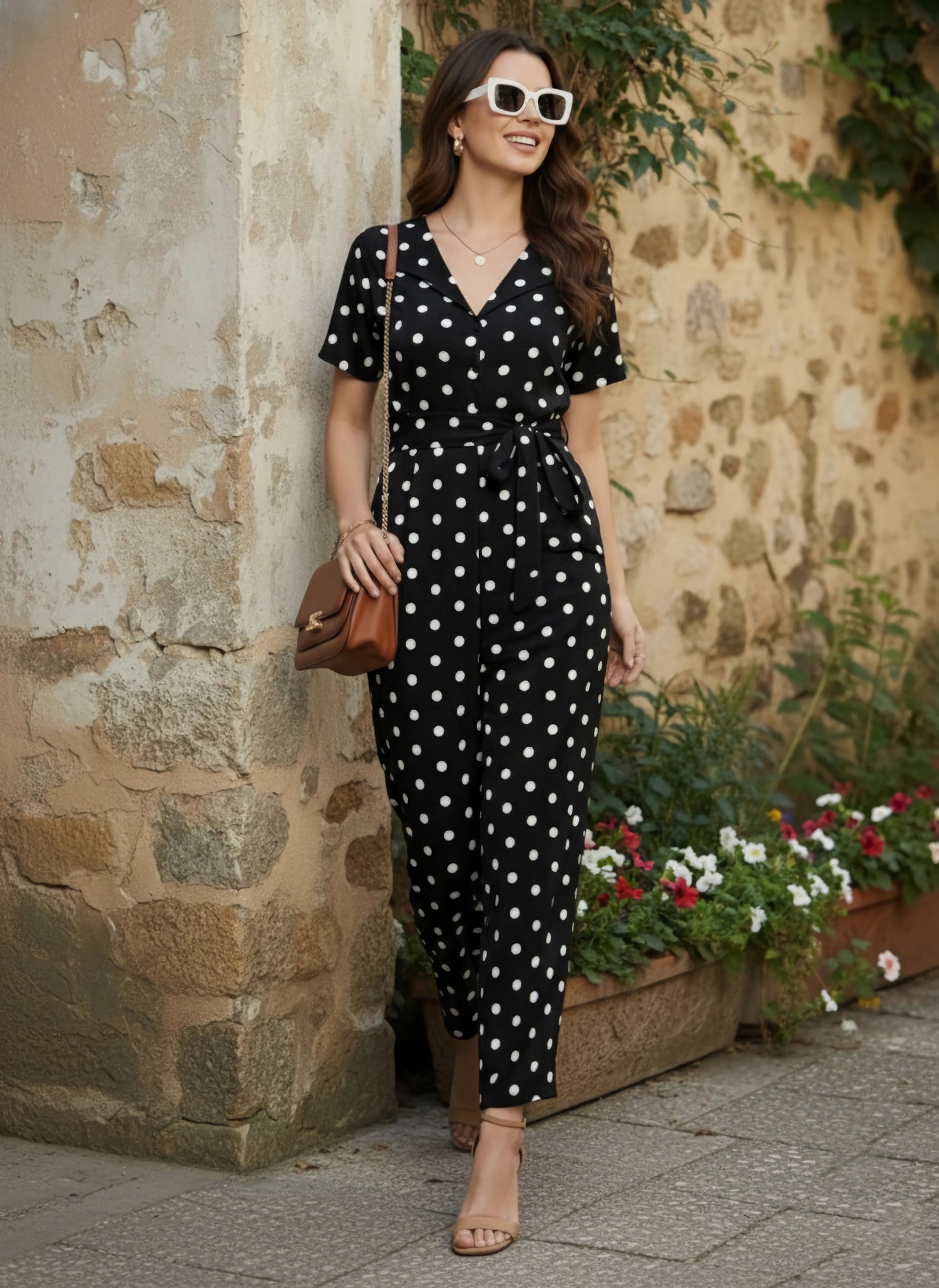 Berrylush Women Black & White Polka Dot Printed V-Neck Short Sleeves Waist Tie-Up Maxi Jumpsuit