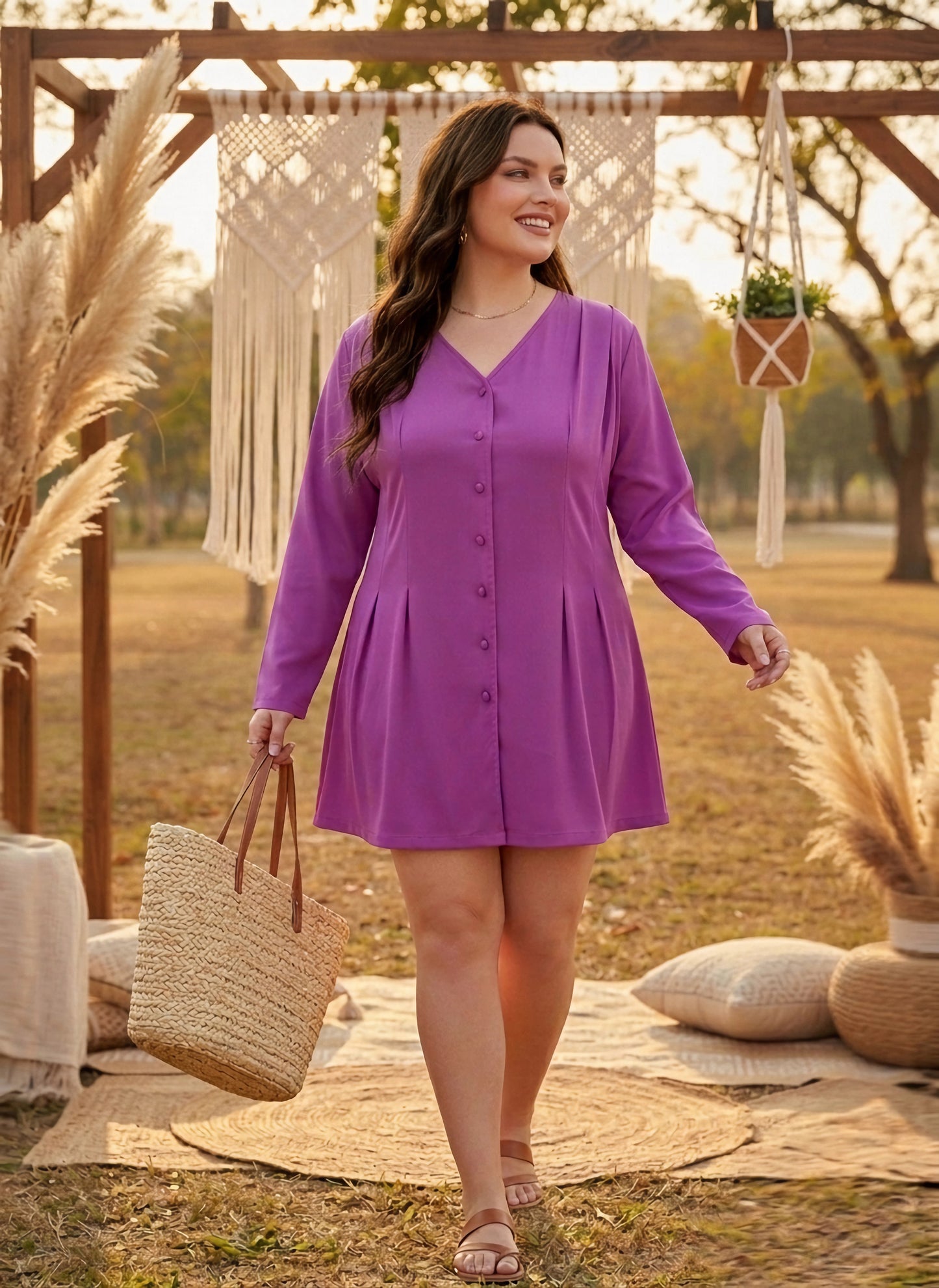 Plus Size Solid Purple V-Neck Front Button-Up Curve Hem Flared Mini Shirt Dress