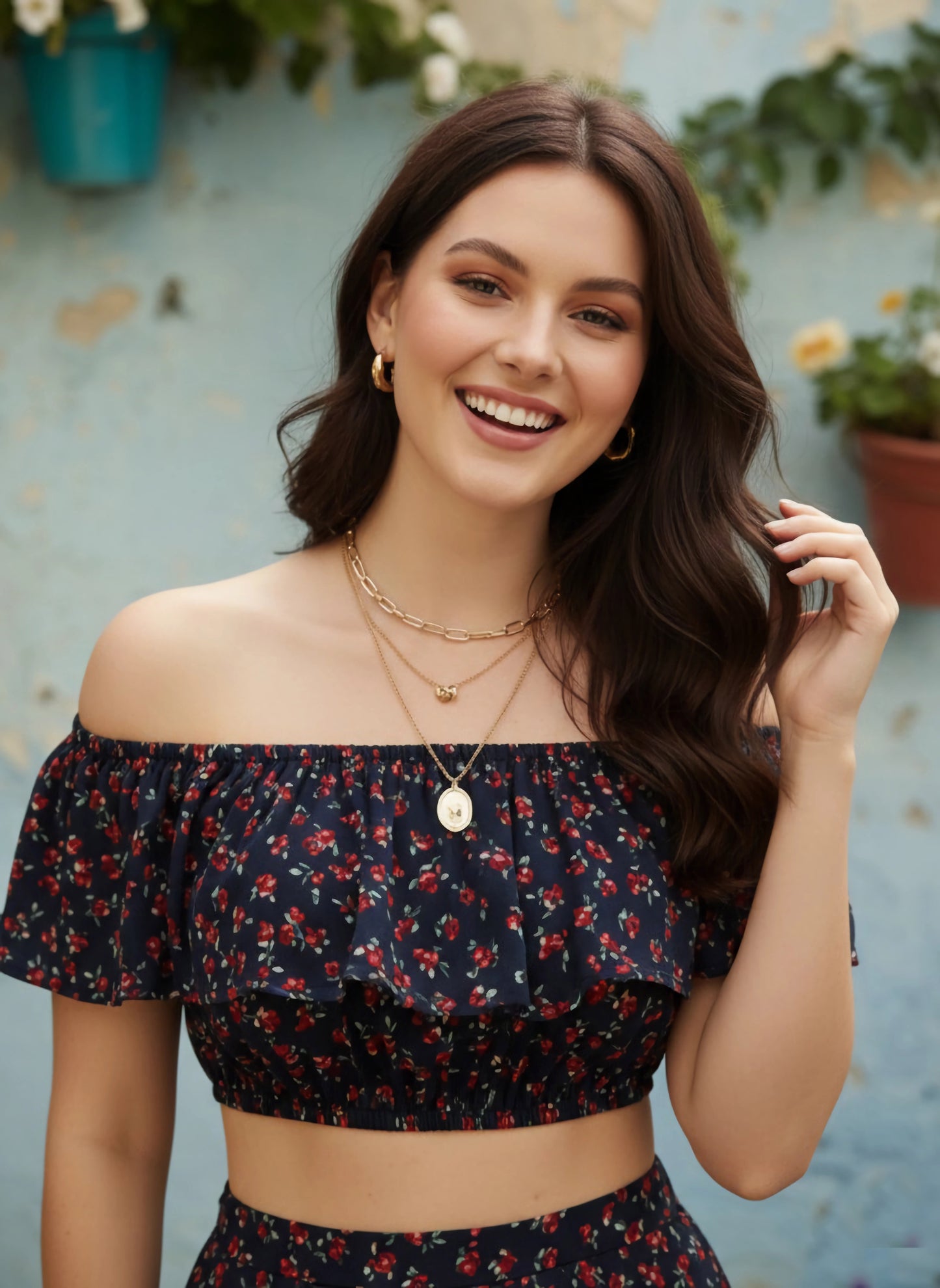 Berrylush Women Navy Blue Floral Off-Shoulder Co-Ordinate Maxi Dress