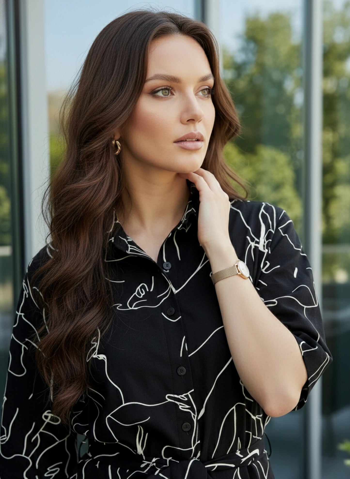 Berrylush BIZwear Women Black & White Abstract Printed Shirt Collar Neck Tie-Up Belted Top & Wide Leg Pants Set
