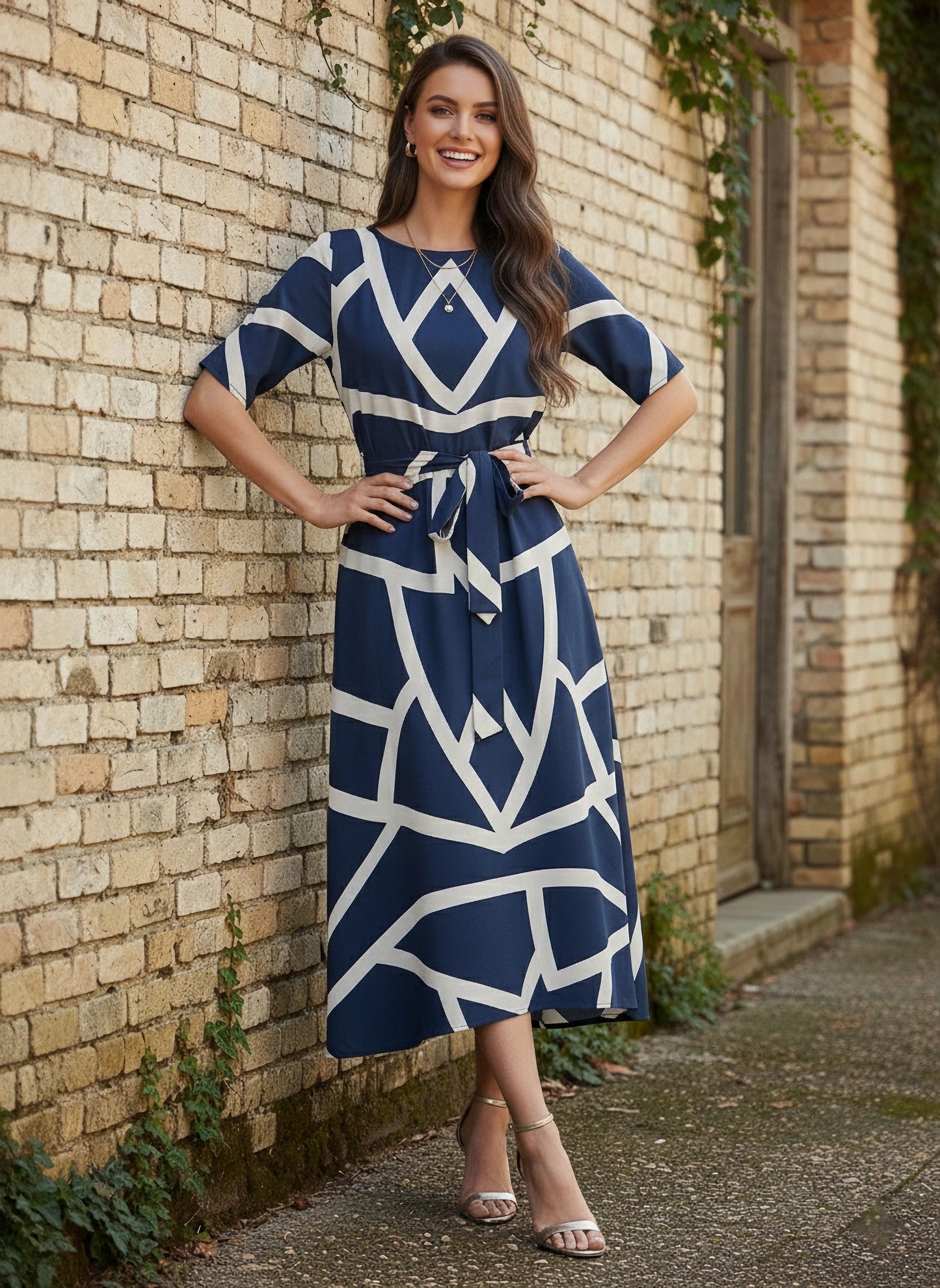 Navy Blue & White Geometric Printed Round Neck Crepe Waist Tie-Up Flared Midi Dress