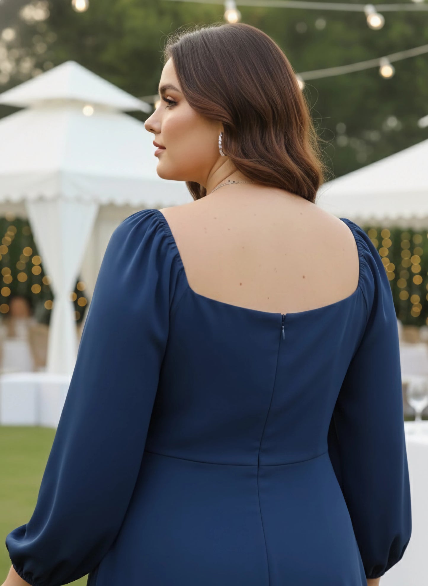 Berrylush Women Plus Size Solid Blue Square Neck Crepe Zipper-Up Thigh-High Slit Fit & Flare Maxi Dress