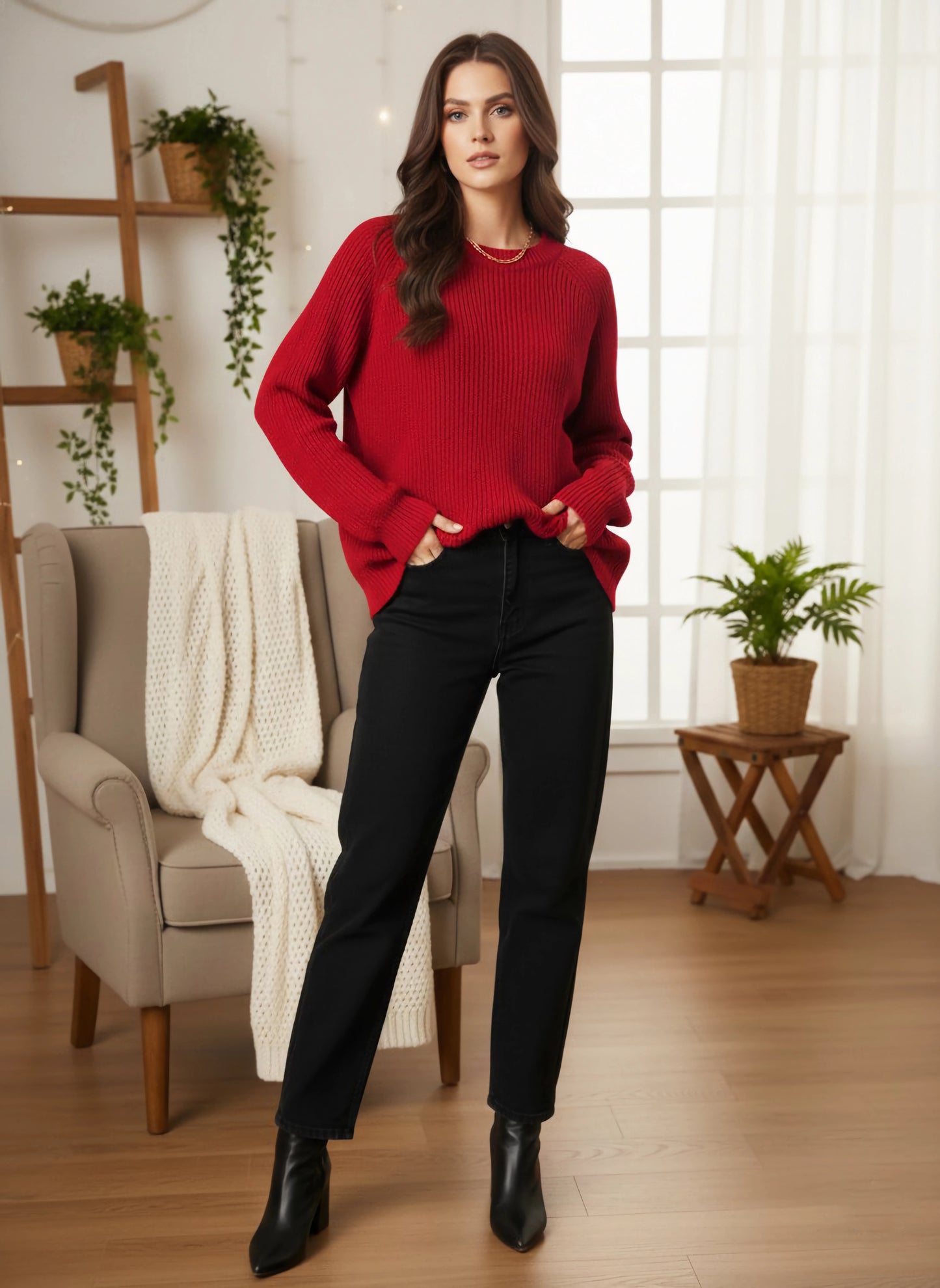 Berrylush Women Solid Red Round Neck Raglan Sleeve Acrylic Curved Hem Longline Pullover