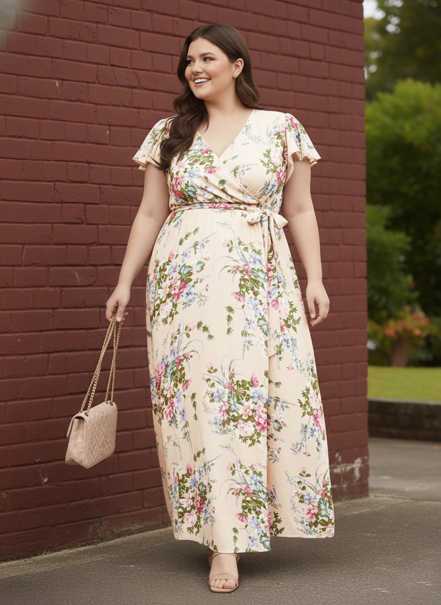 Plus Size Beige & Pink Floral Printed V-Neck Flutter Sleeve Tie-Up Waist Flared Maxi Dress