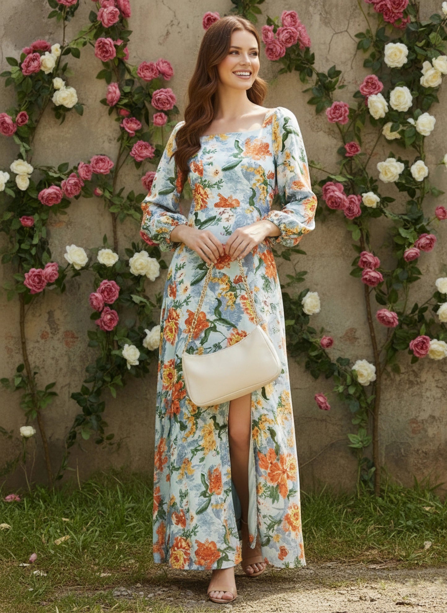 Berrylush Women Blue Floral Printed Square Neck Maxi Dress