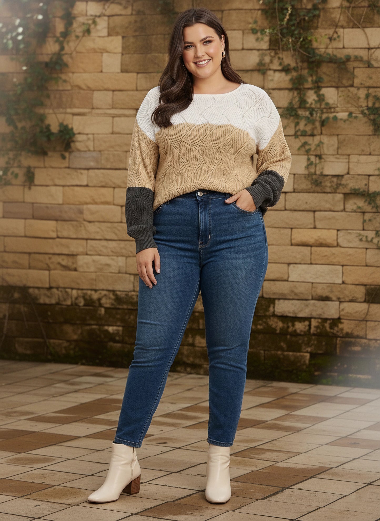 Berrylush Curve Women White, Beige, & Black Colourblocked Pattern Boat Neck Drop-Shoulder Sleeves Ribbed Hem Regular Sweater