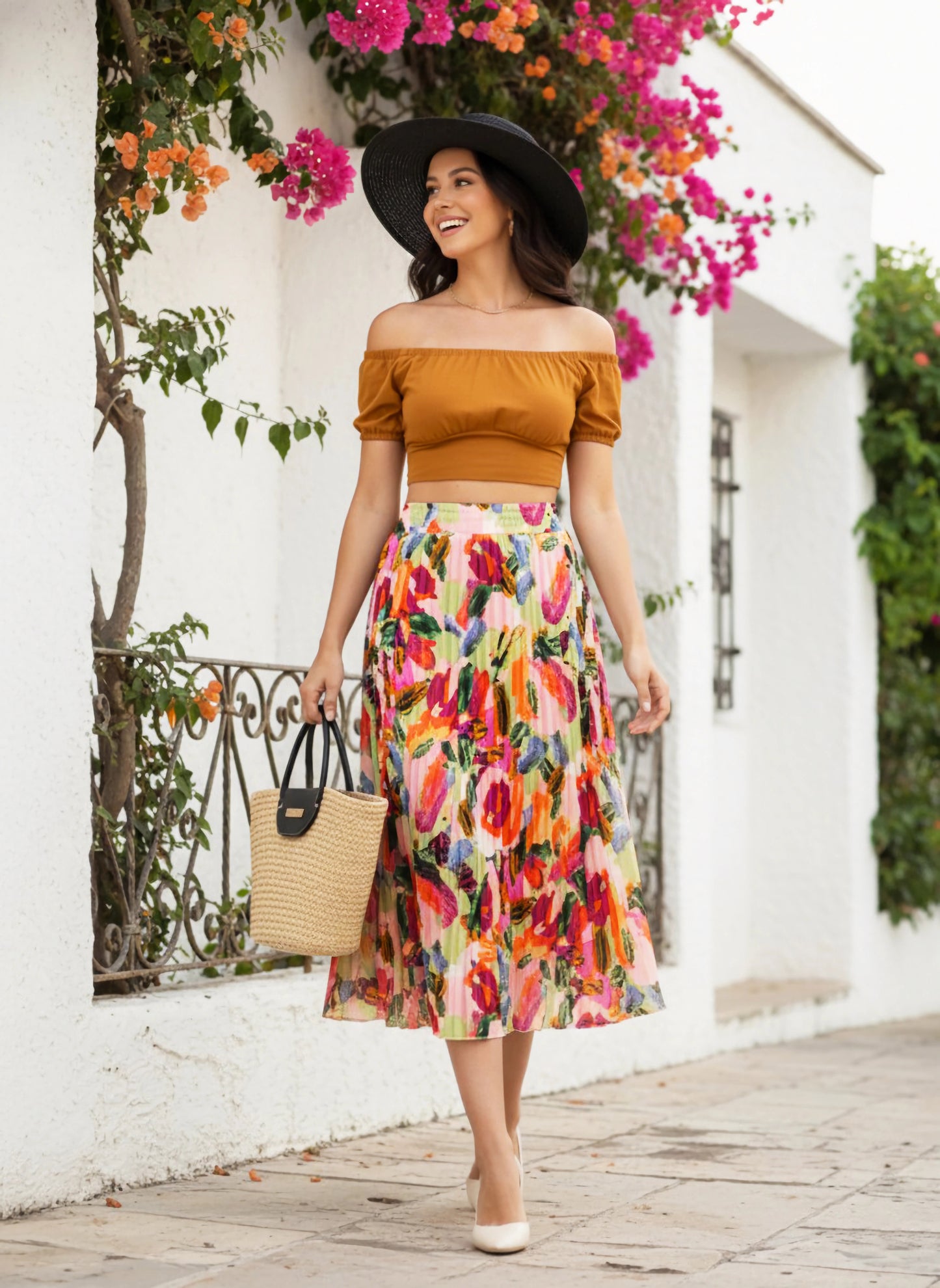 Berrylush Women Pink & Multicolour Abstract Printed High-Rise Elastic Waist Slip-On Pleated Maxi Skirt