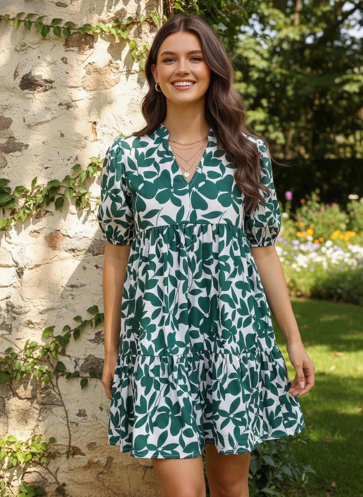 White & Green Floral Printed V-Neck Puff Sleeves Crepe Flounce Hem Ruffled A-Line Mini Dress