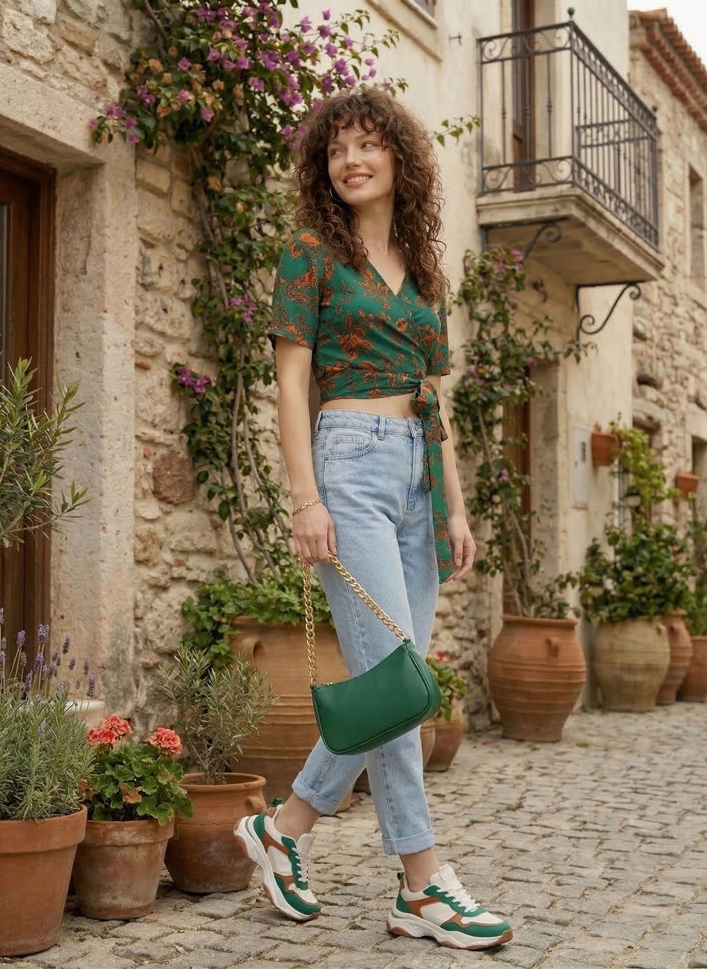 Green & Orange Floral Printed V-Neck Puff Sleeves Waist Tie-Up Wrap Cropped Top