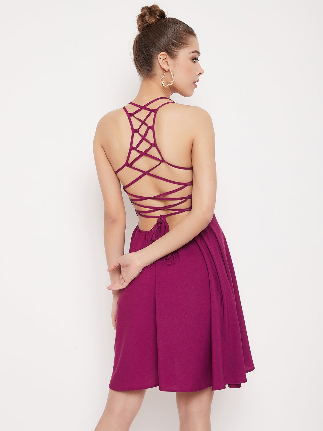 Berrylush Women Solid Purple Caged Back Tie-Up Fit & Flare Mini Dress