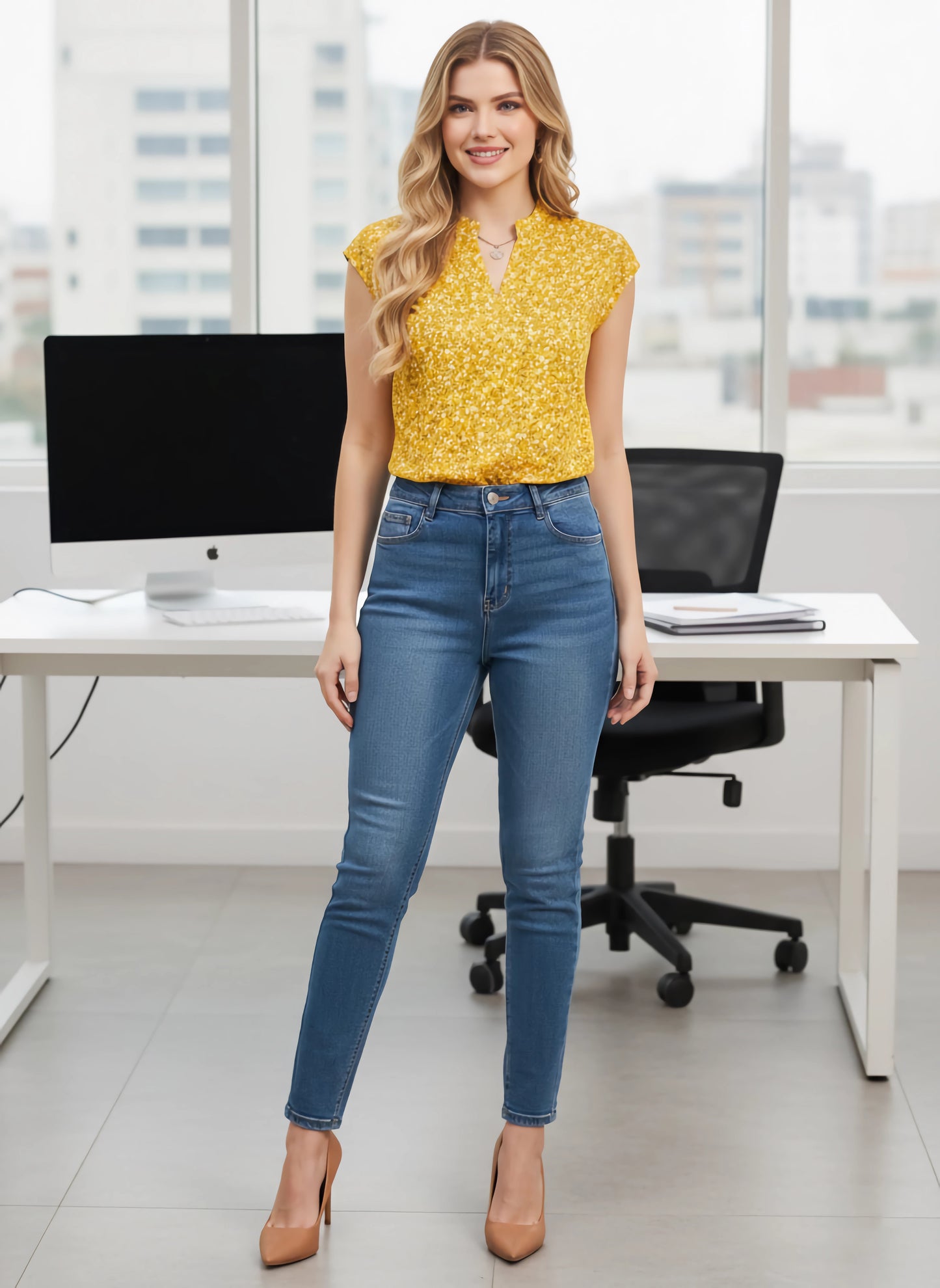 Berrylush BIZwear Women Yellow & White Ditsy Floral Printed Notched Neck Sleeveless Straight Hem Regular Top