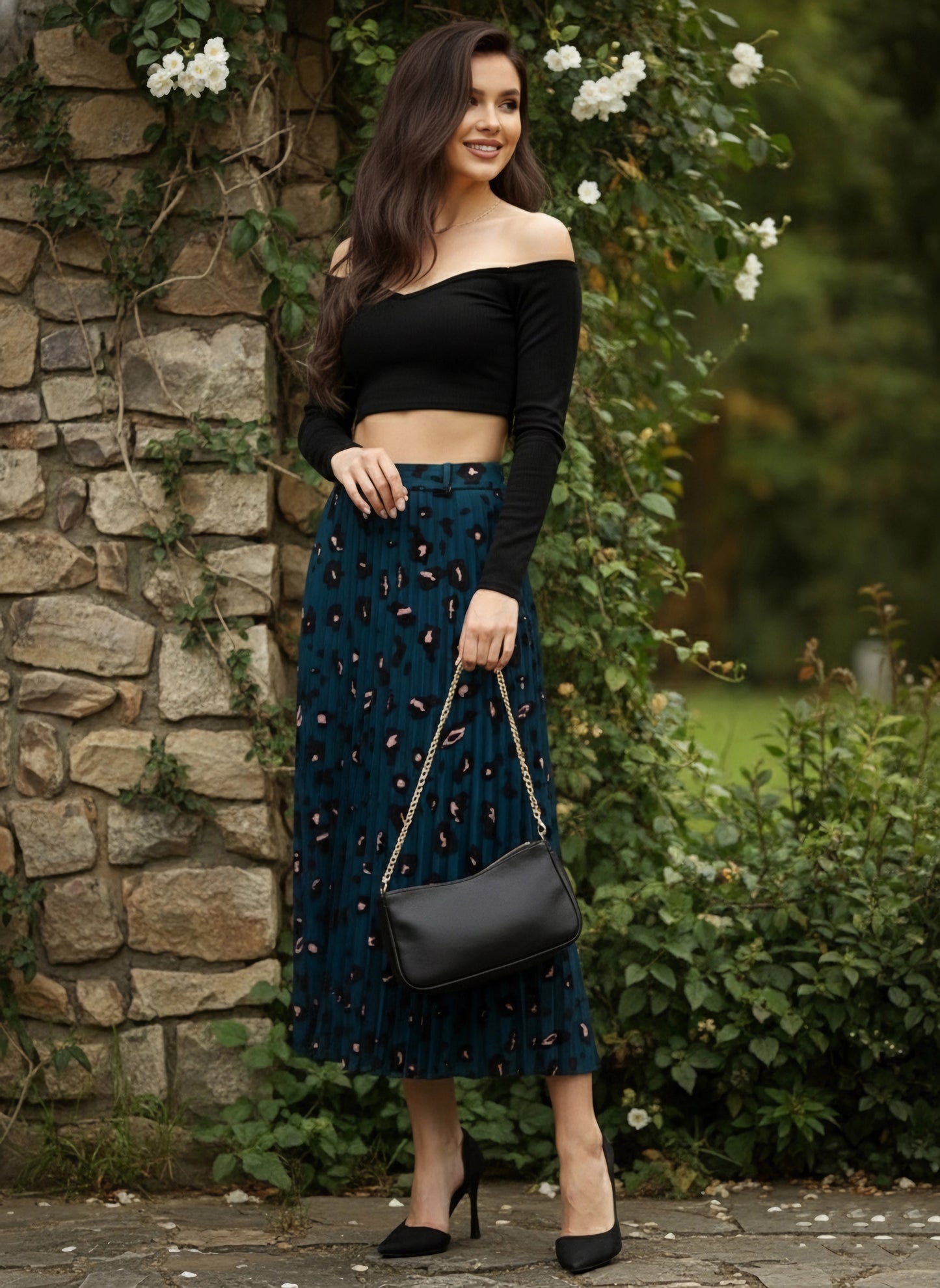 Blue & Orange Animal Printed Elastic Waist Slip-On Accordion Pleated A-Line Midi Skirt