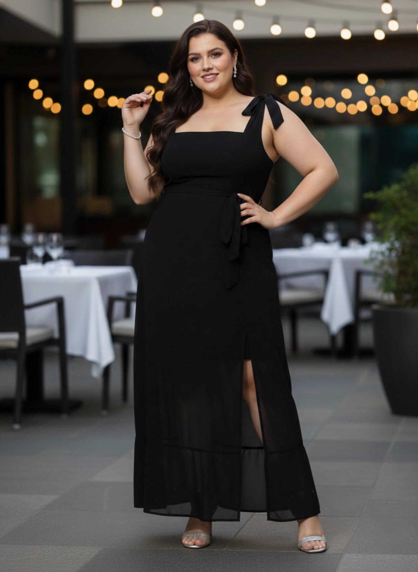 Berrylush Women Plus Size Solid Black Square Neck Waist Tie-Up Georgette Thigh-High Slit Flared A-Line Maxi Dress