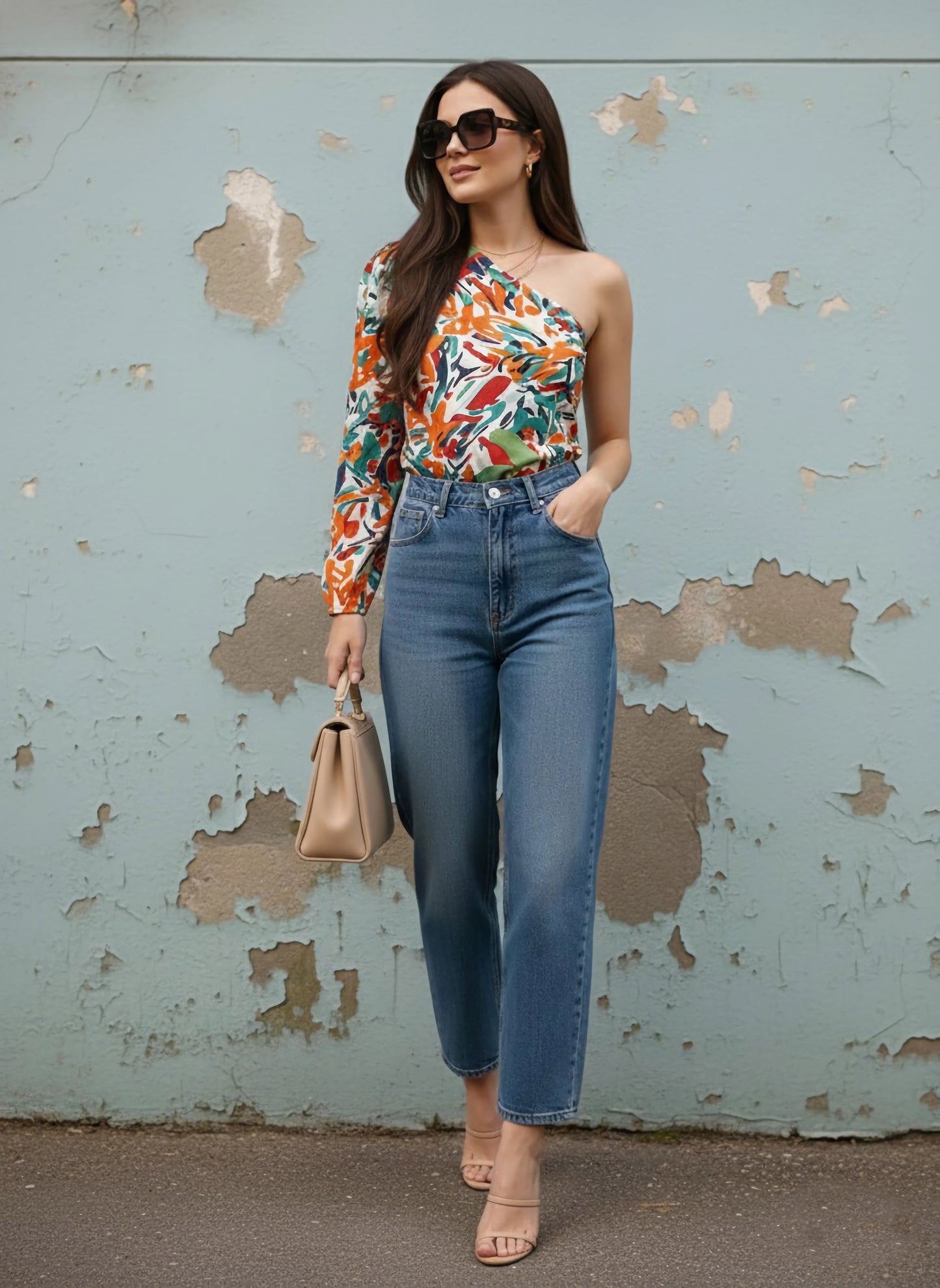 Berrylush Women White & Multicolour Abstract Printed One-Shoulder Neck Crepe Woven Regular Top