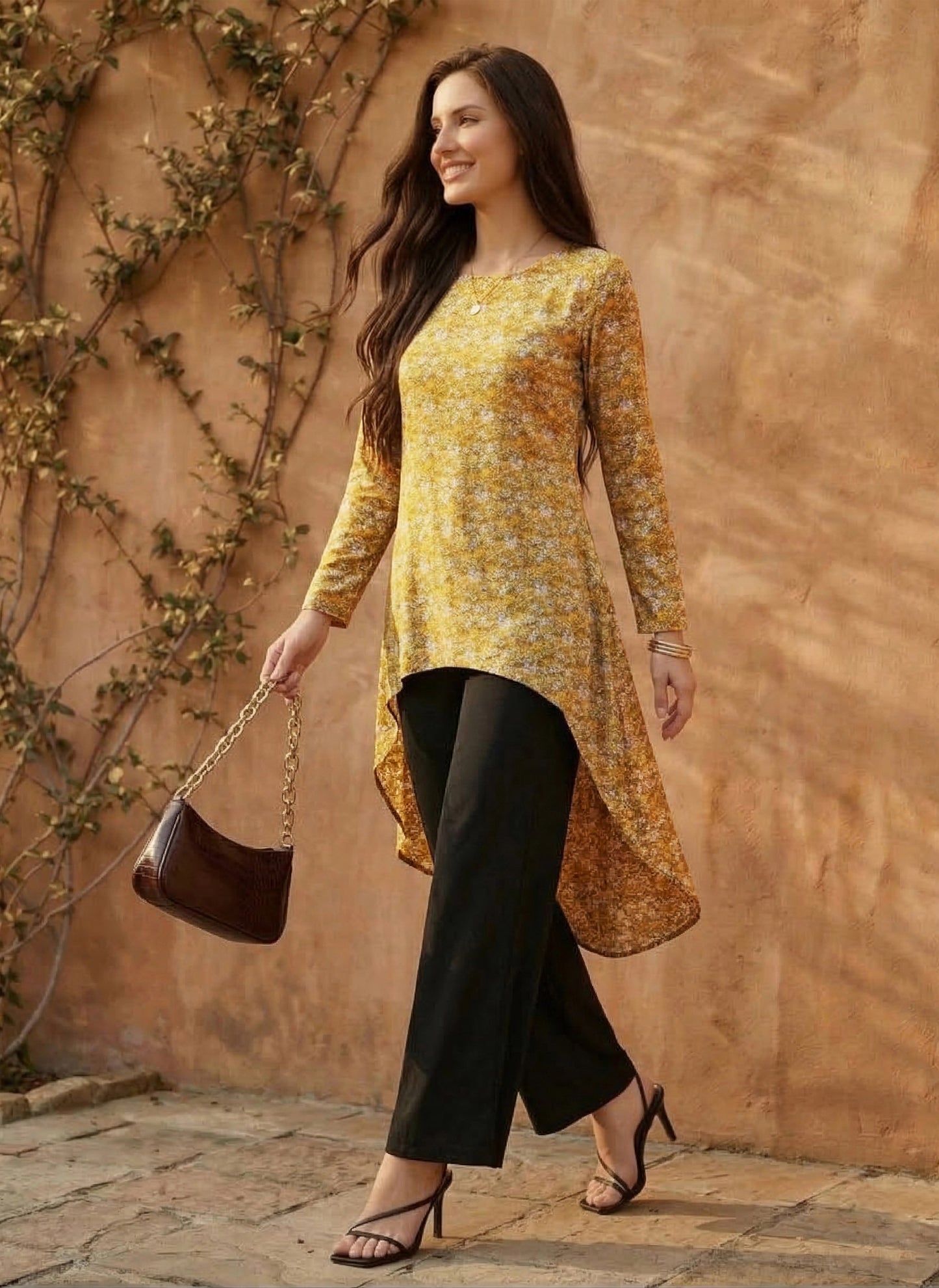 Berrylush Women Mustard Yellow Floral Printed High-Low Longline Top