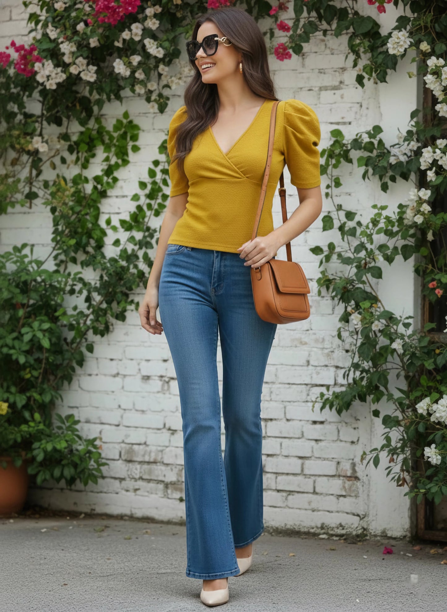 Berrylush Women Solid Yellow V-Neck Puff Sleeves Slim Fit Wrap Knitted Regular T-Shirt