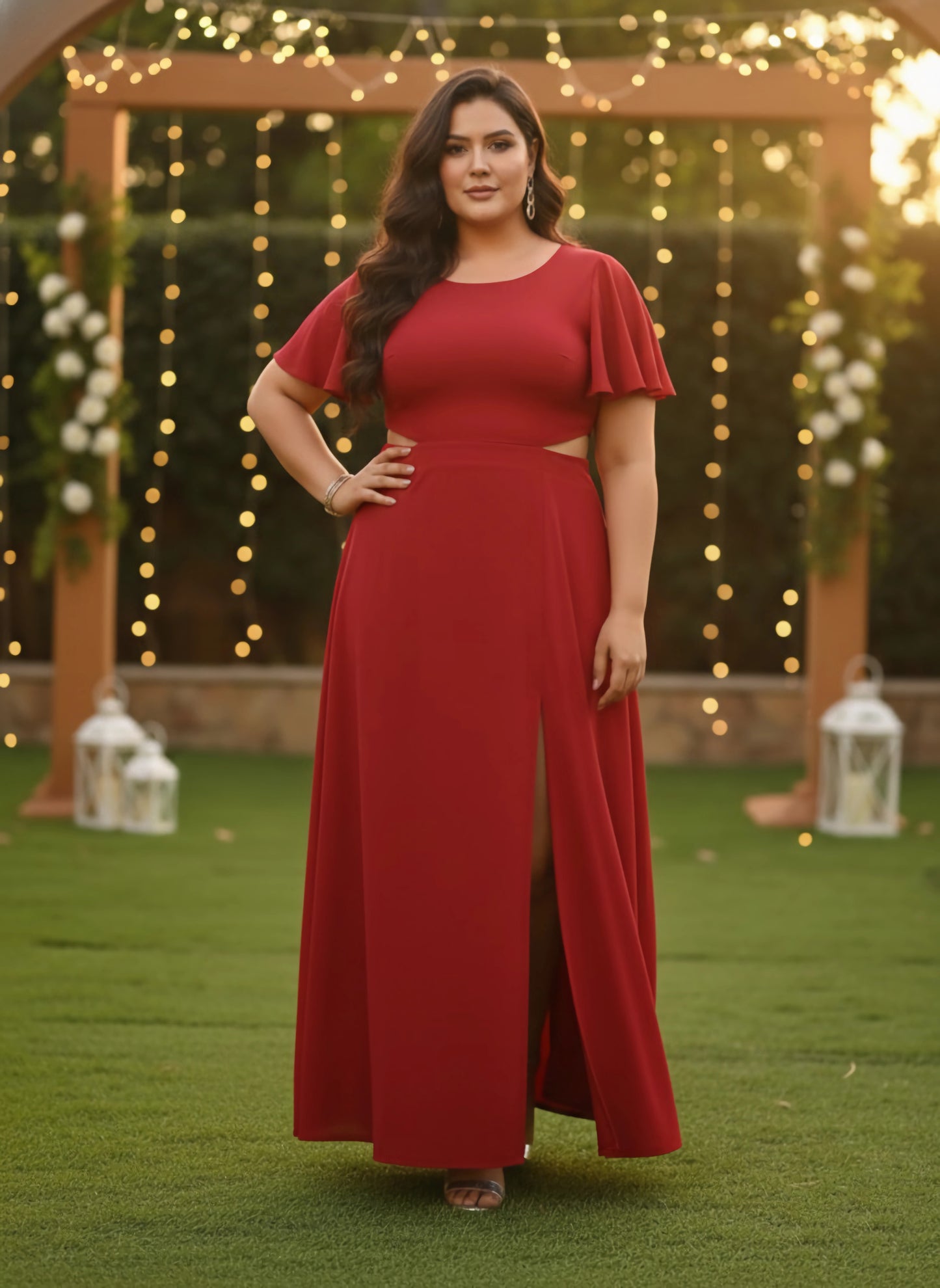 Plus Size Solid Red Round Neck Cutout Crepe Thigh-High Slit Fit & Flare Maxi Dress