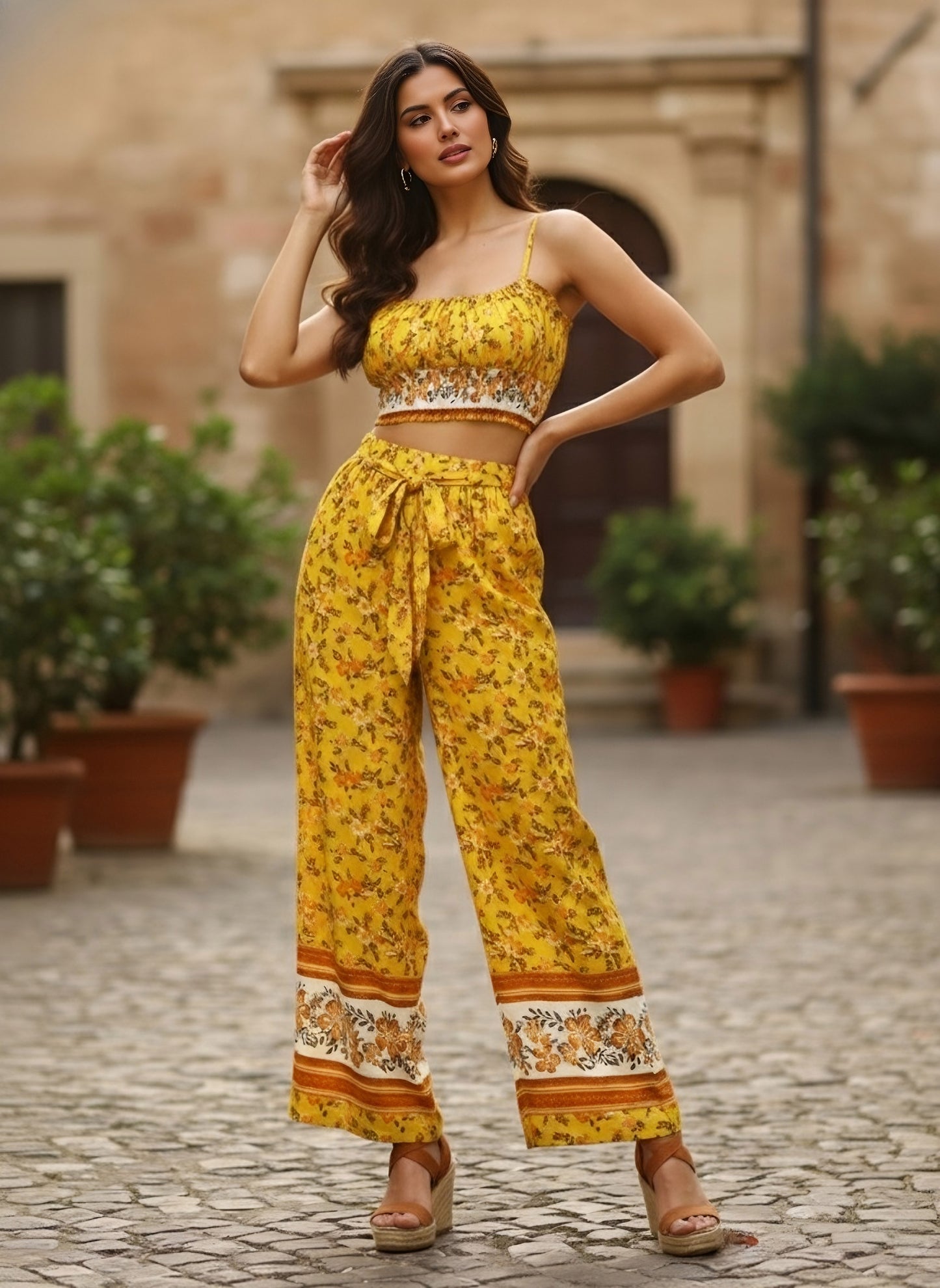 Berrylush Women Yellow & White Floral Printed Round Neck Waist Tie-Up Crop Top & Wide-Leg Trousers Set