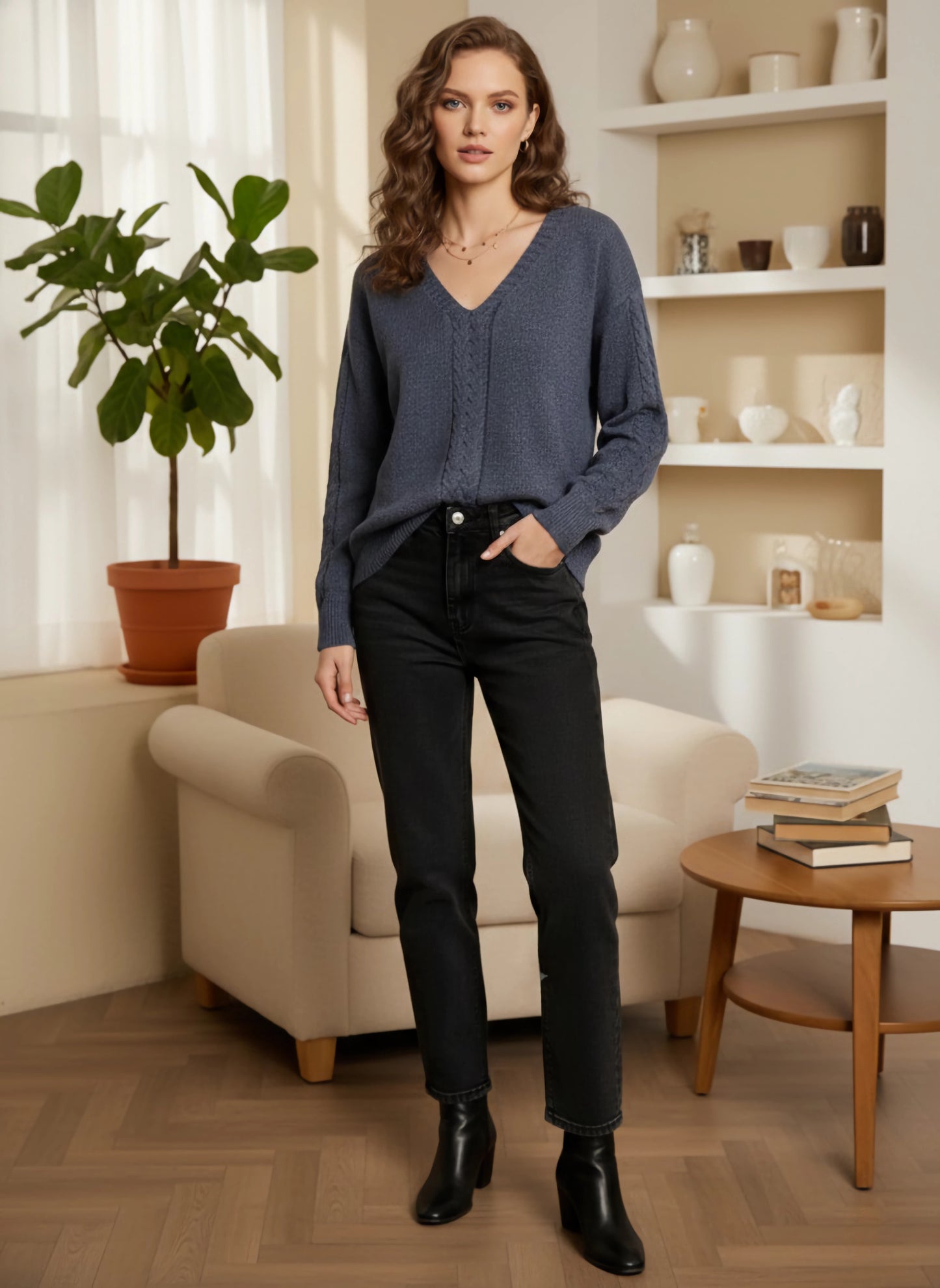 Berrylush Women Solid Grey V-Neck Drop-Shoulder Sleeves Acrylic Straight Hem Knitted Regular Sweater