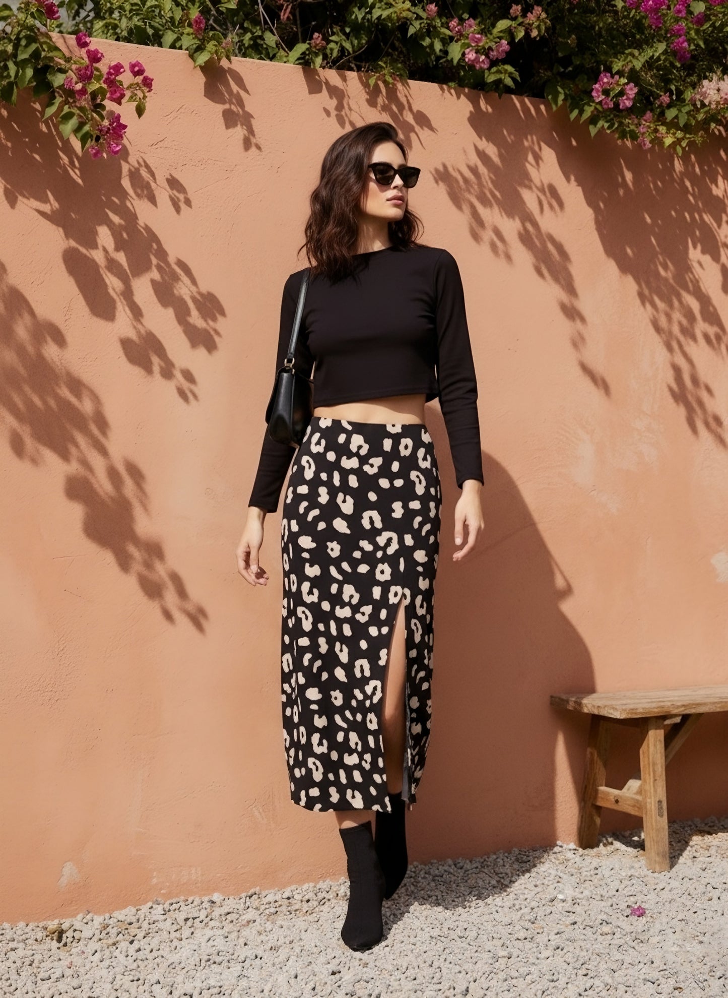 Berrylush Women Solid Black High Neck Crop Top & Black & Beige Animal Printed Thigh-High Slit Flared Midi Skirt Co-Ord Set