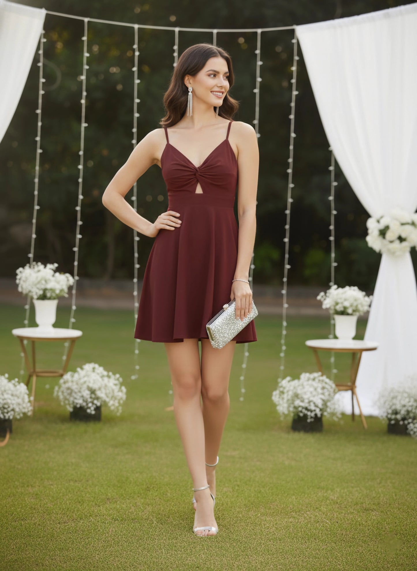 Berrylush Women Solid Maroon Front Twisted Knot Fit & Flare Mini Dress