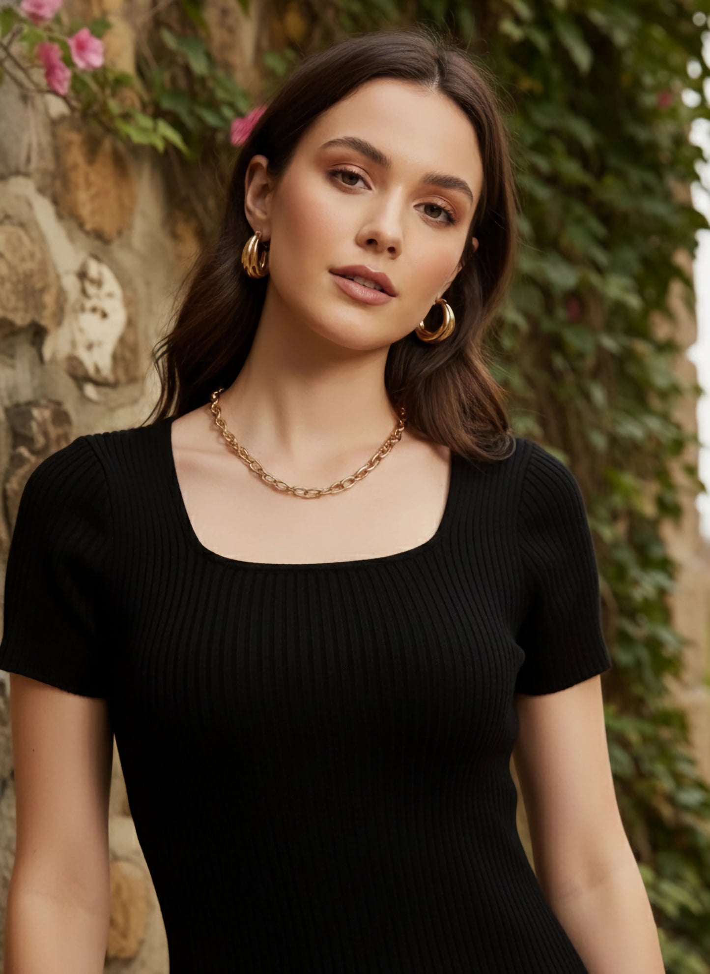 Berrylush Women Solid Black Scoop Neck Acrylic Thigh-High Slit Straight Hem Knitted Midi Sweater Dress