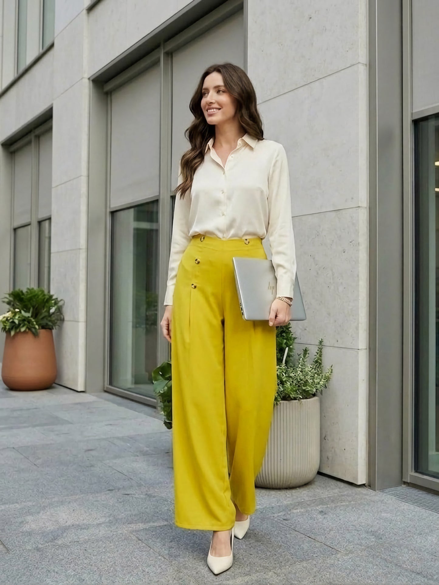 BIZwear Solid Yellow High-Rise Waist Button Detail Wide Leg Pleated Regular Pants