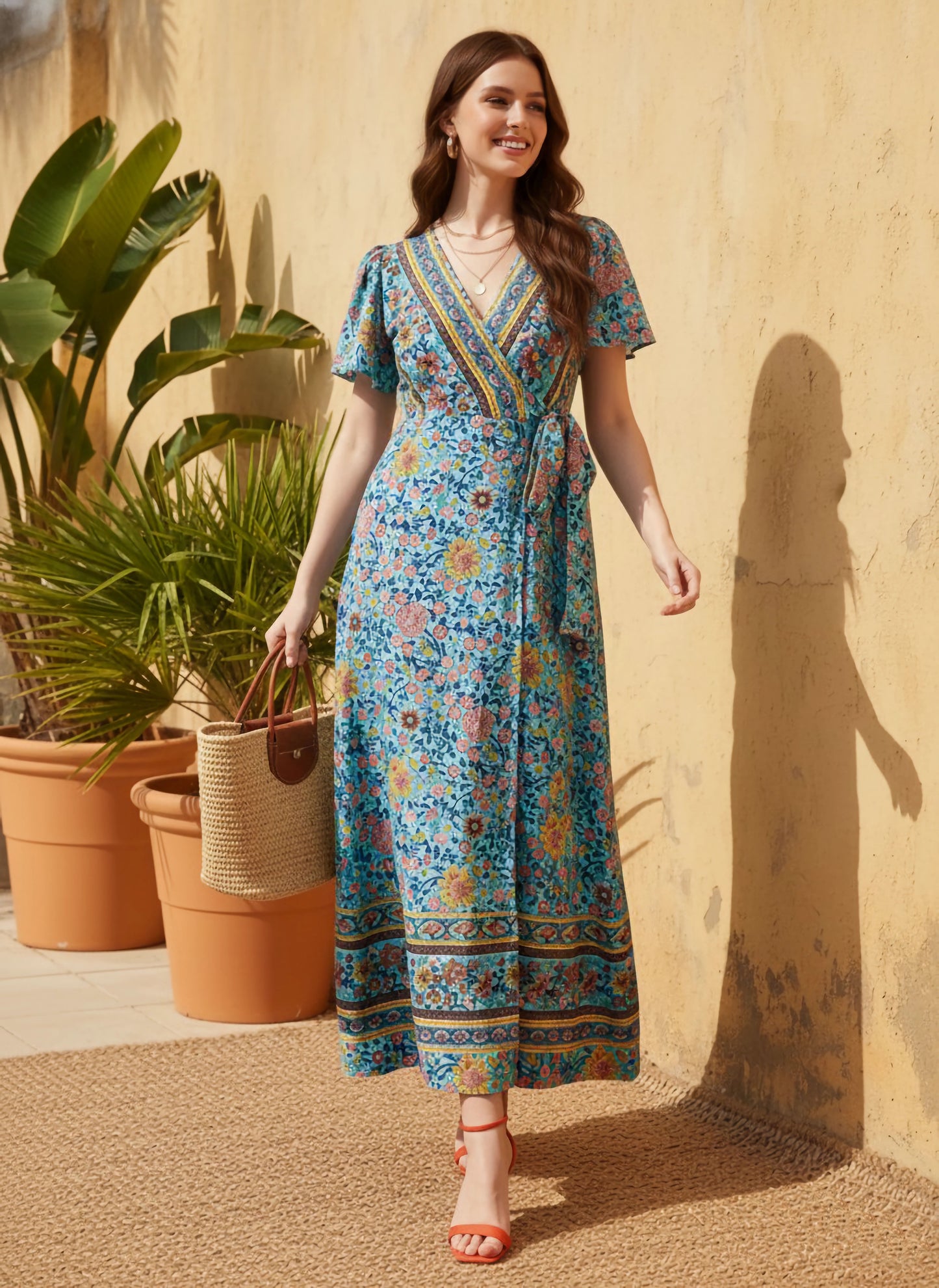 Berrylush Women Blue & Multicolour Floral Printed V-Neck Waist Tie-Up Thigh-High Slit Flared Wrap Maxi Dress