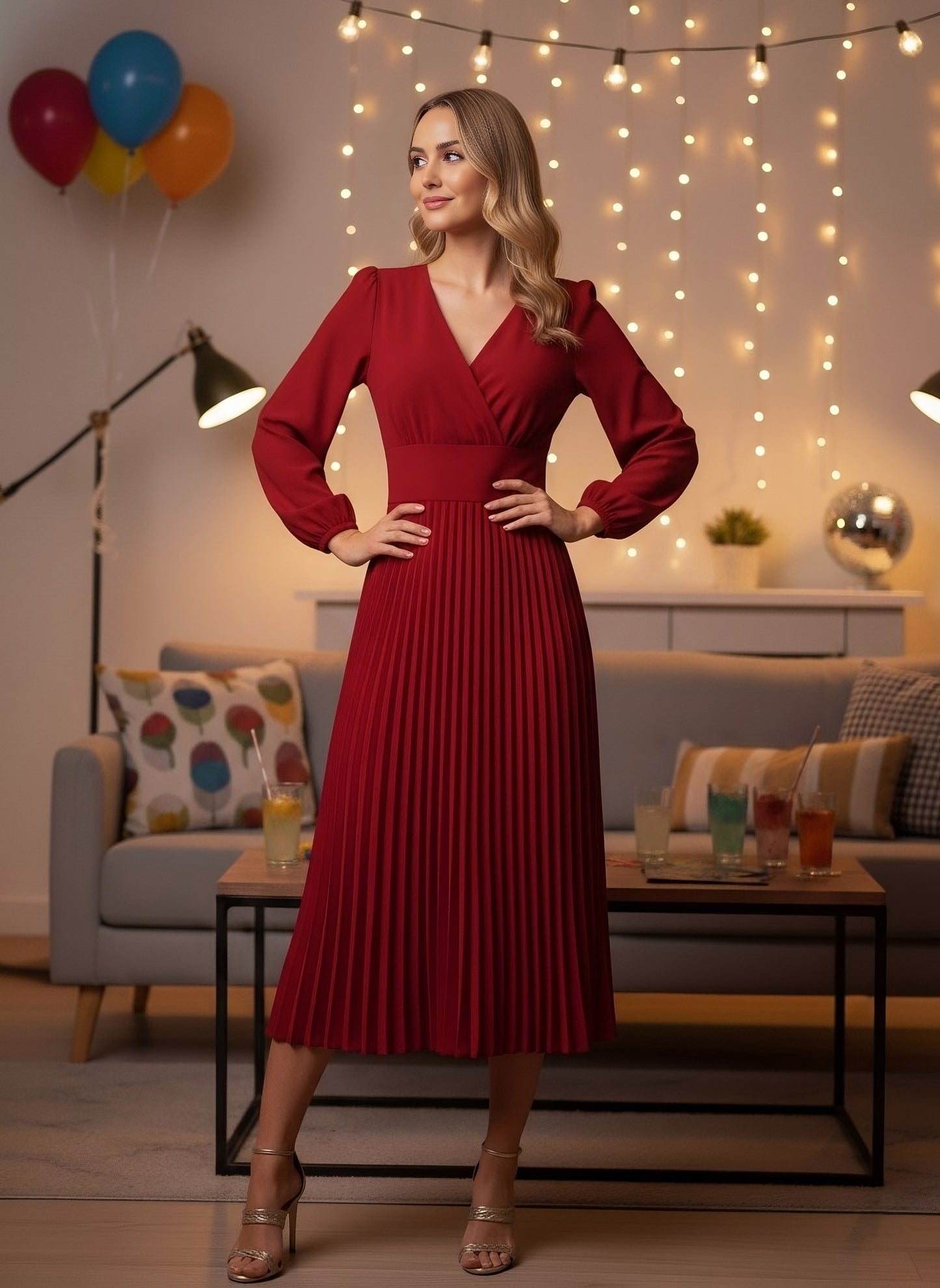 Berrylush Women Solid Red V-Neck Puff Sleeves Wrap Pleated A-Line Midi Dress