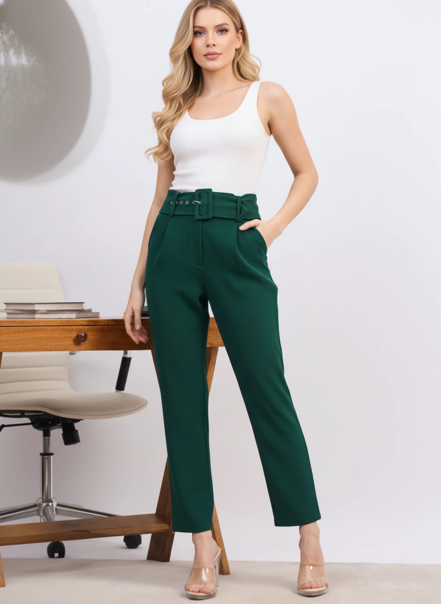 Berrylush BIZwear Women Solid Green High-Rise Belted Waist Four-Pockets Pleated Maxi Trousers