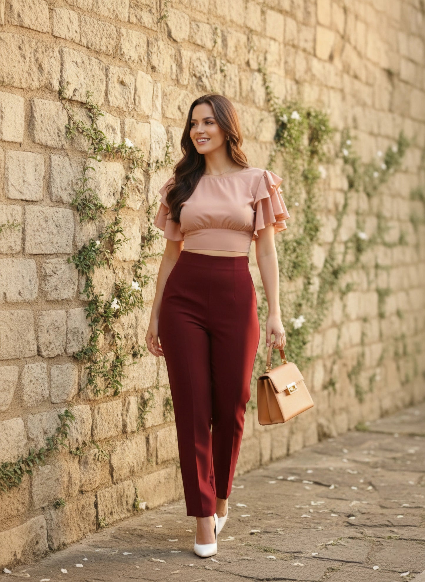Berrylush Women Solid Peach Open-Back Blouson Crop Top